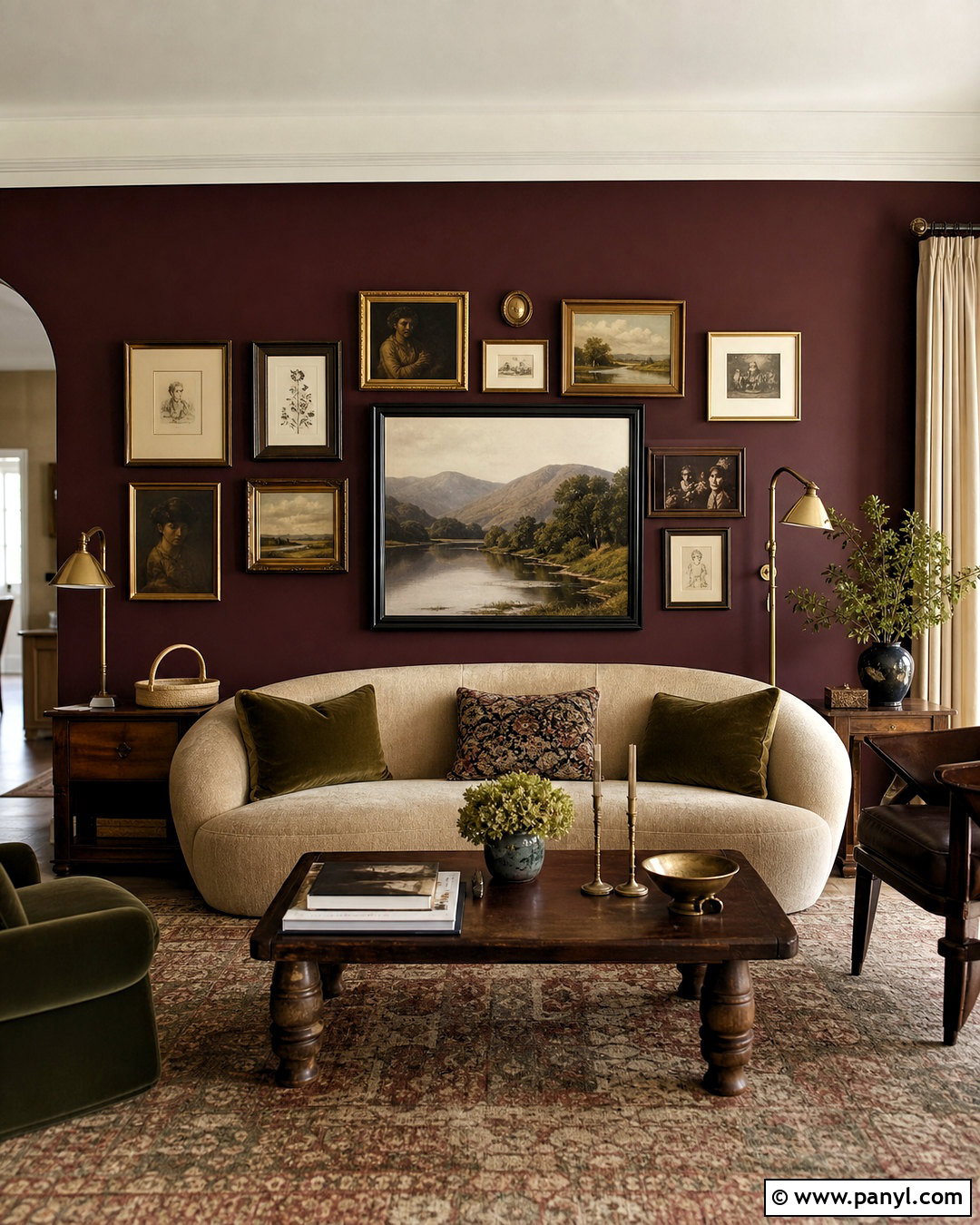 Deep Burgundy Gallery Wall - 20 dark feature wall living room ideas