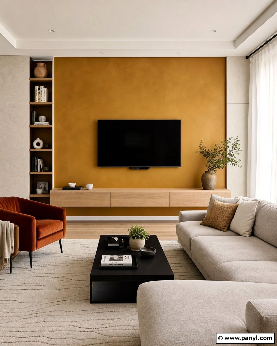 Deep Gold TV Accent Wall - 30 Golden Wall Paint Ideas