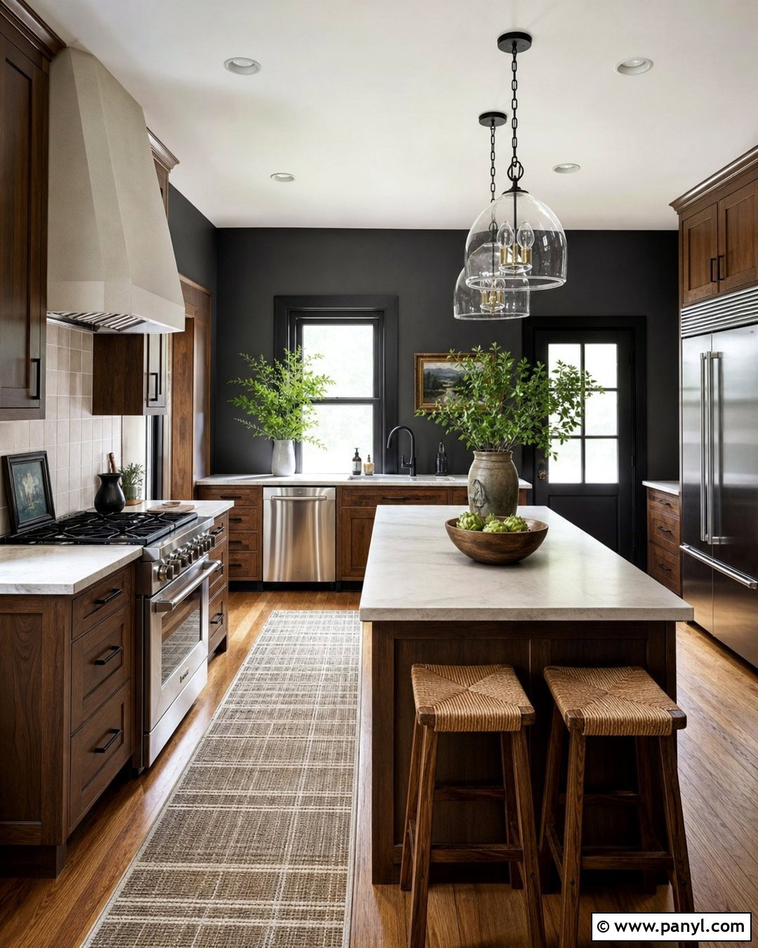 Deep Gray Kitchen With Wood Cabinets - 20 Dark Walls Unpainted Woodwork Ideas