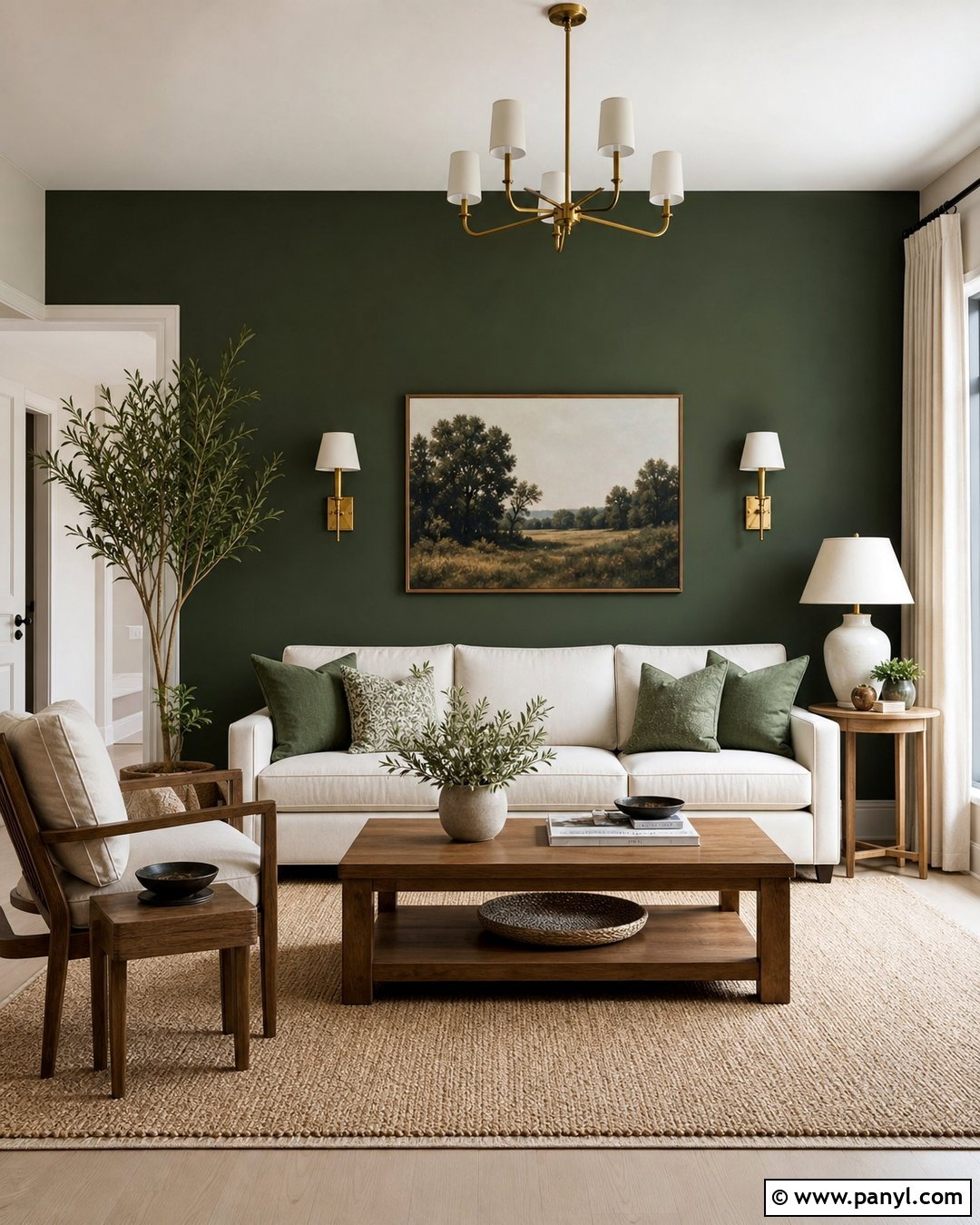 Deep Green Accent Wall With A Cream Sofa - 30 deep green accent wall ideas