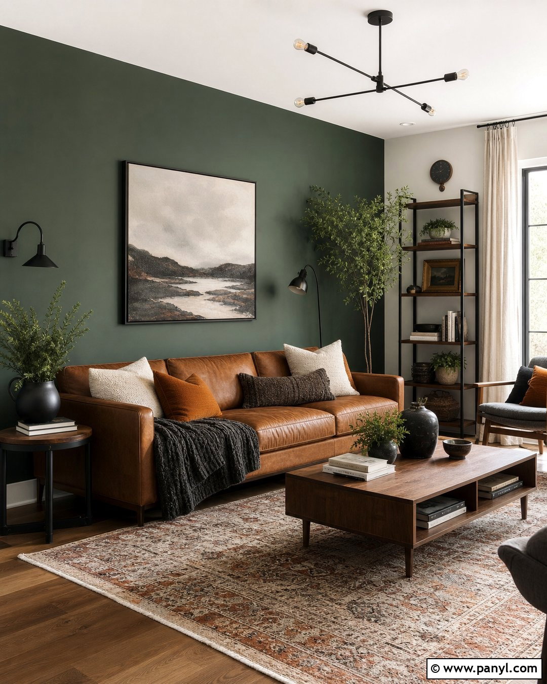 Deep Green Accent Wall With A Tan Leather Sofa - 30 deep green accent wall ideas