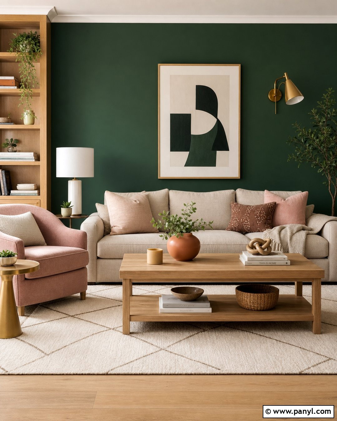 Deep Green Accent Wall With Blush Pink Decor - 30 deep green accent wall ideas