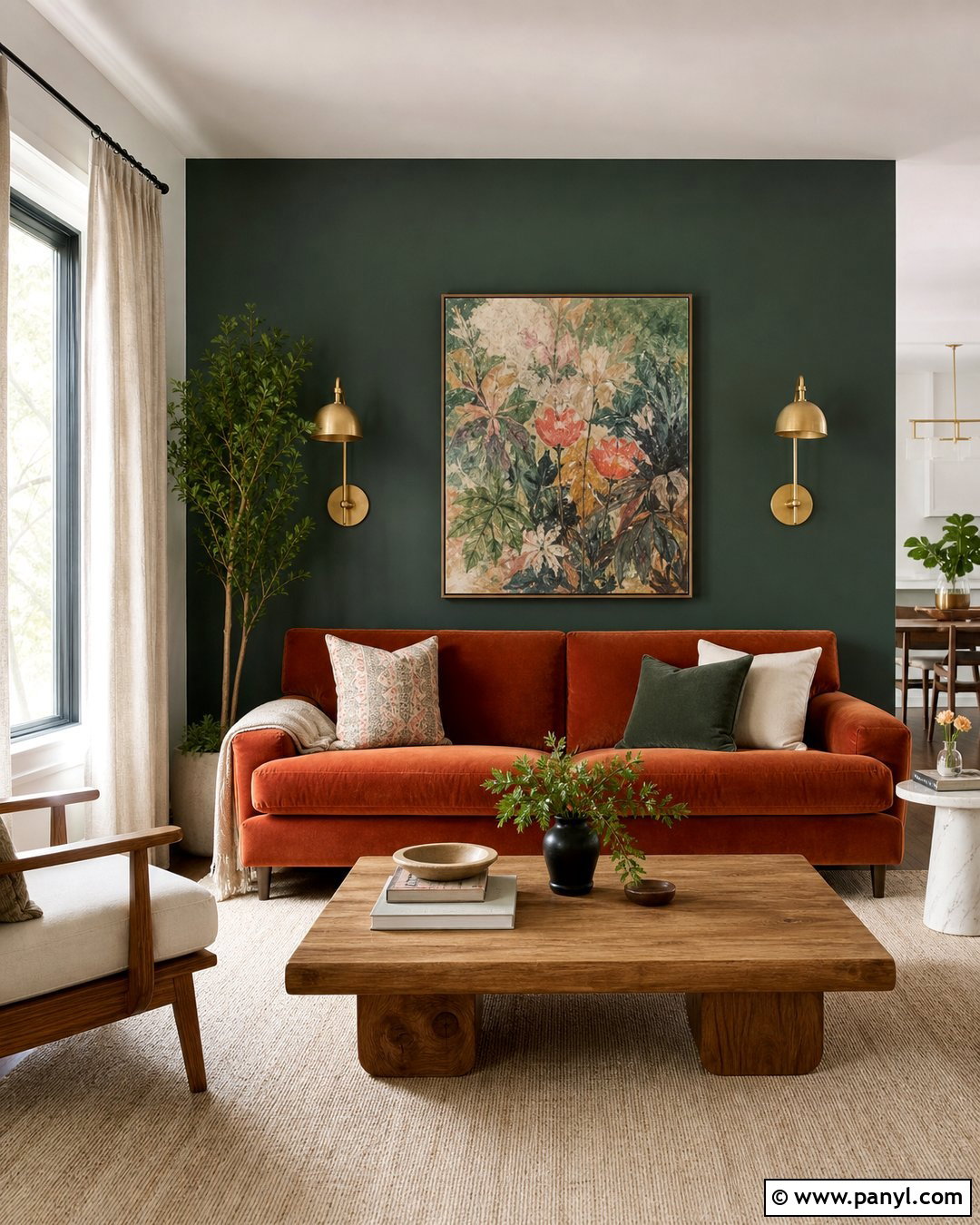 Deep Green Accent Wall With Velvet Furniture - 30 deep green accent wall ideas
