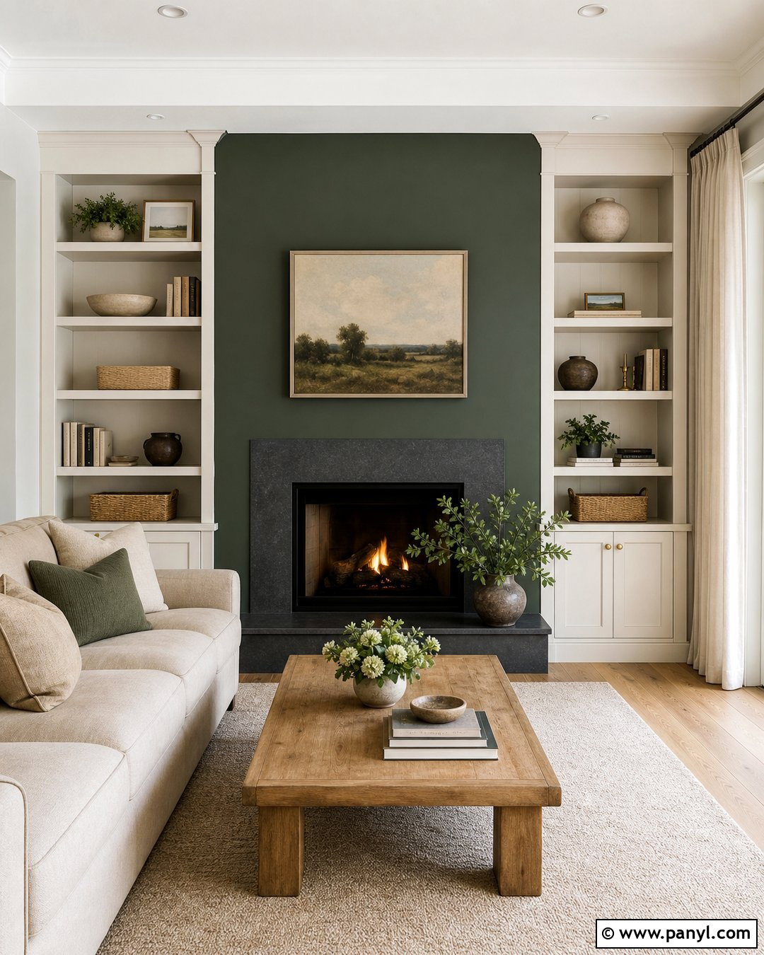 Deep Green Accent Wall With White Built-Ins - 30 deep green accent wall ideas