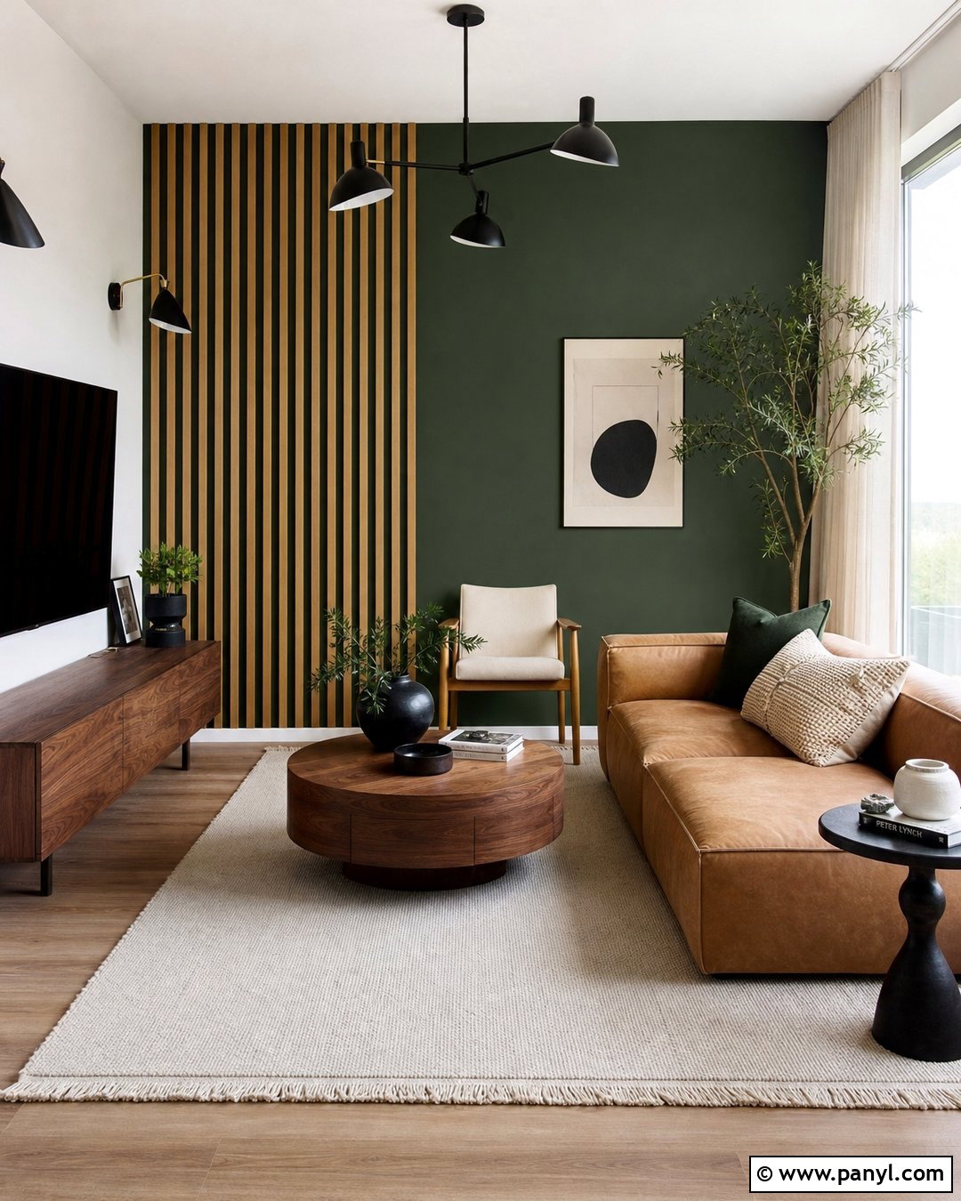 Deep Green Accent Wall With Wood Slats - 30 deep green accent wall ideas