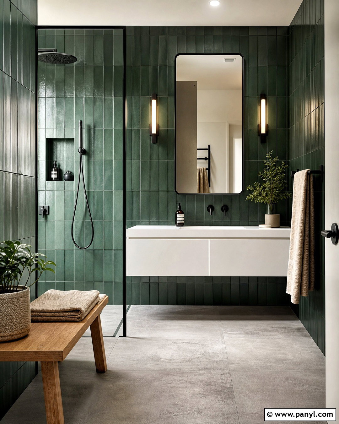 Deep Green Bathroom With Black Fixtures - 20 deep green bathroom ideas