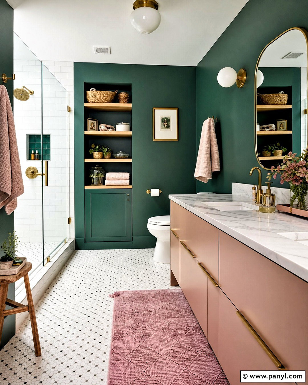 Deep Green Bathroom With Pink Accents - 20 deep green bathroom ideas