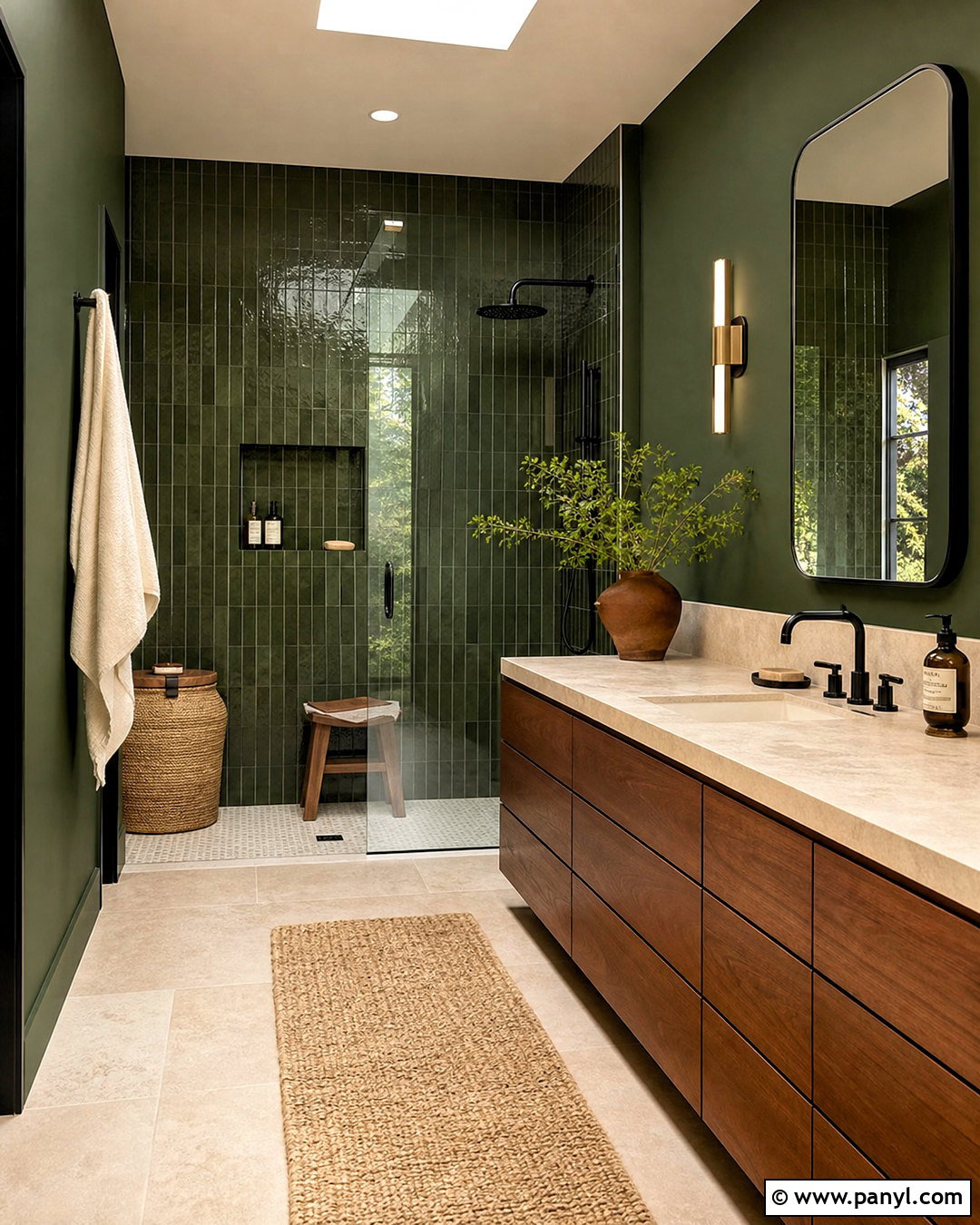 Deep Green Bathroom With Wood Vanity - 20 deep green bathroom ideas