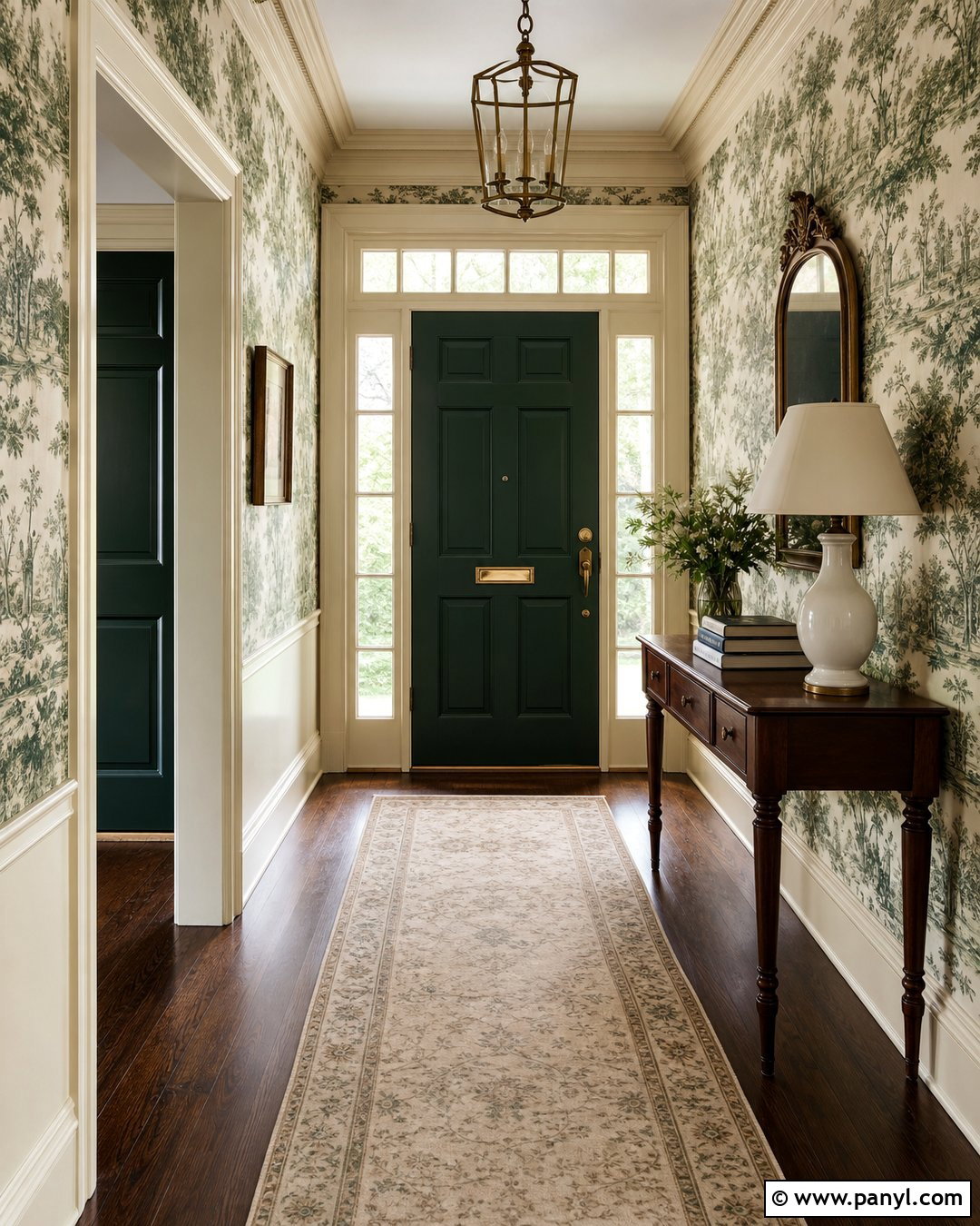 Deep Green Door With Toile Wallpaper - 20 Green Door With Patterned Wall Ideas