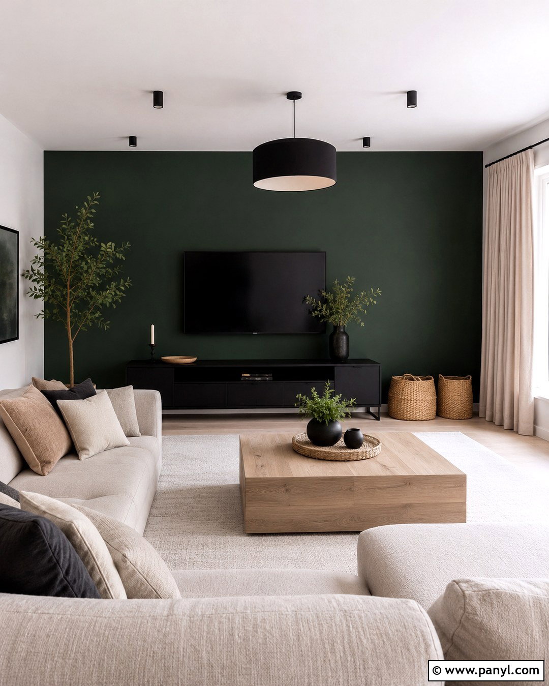 Deep Green Feature Wall With Black Furniture - 20 deep green feature wall ideas