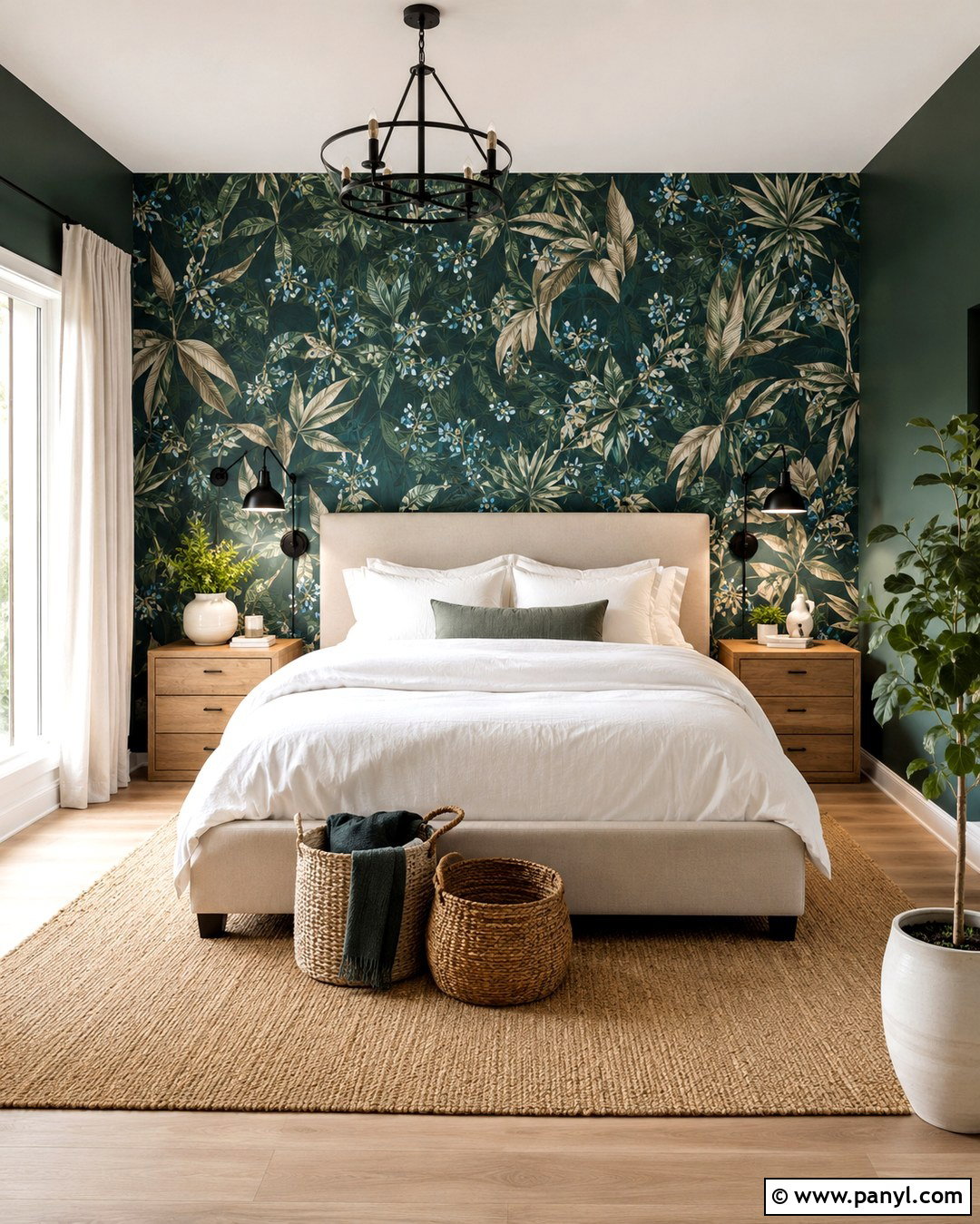 Deep Green Feature Wall With Botanical Wallpaper - 20 deep green feature wall ideas