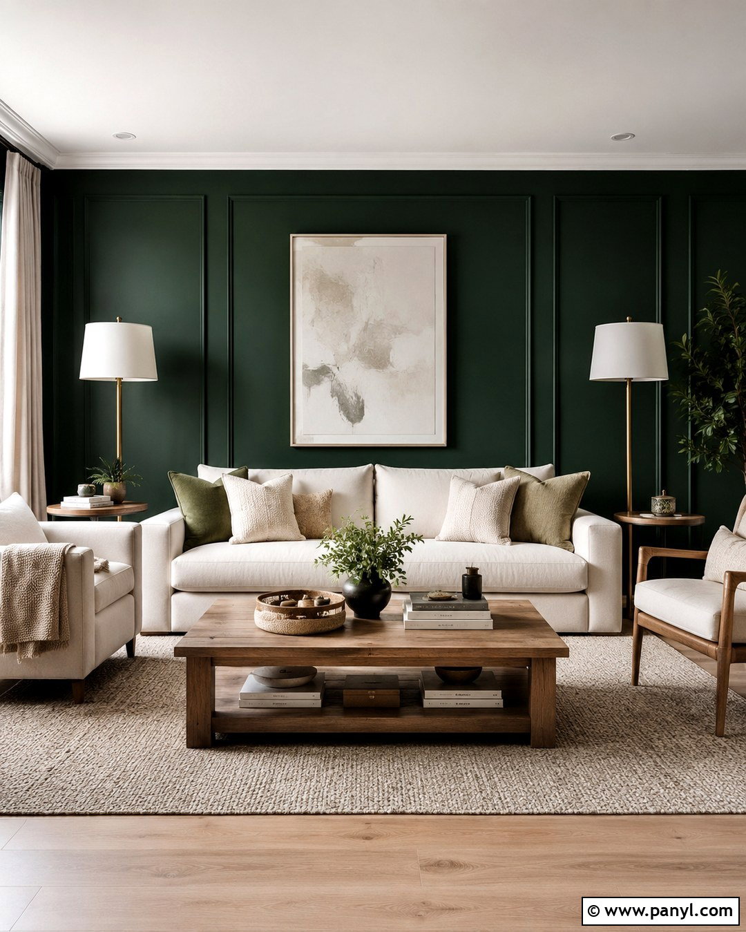 Deep Green Feature Wall With Cream Sofa - 20 deep green feature wall ideas