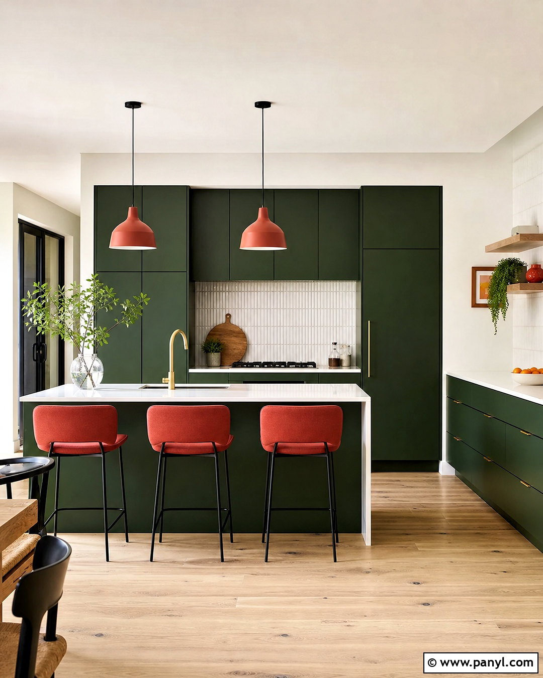 Deep Green Kitchen With Coral Red Accents - 20 green and red kitchen ideas