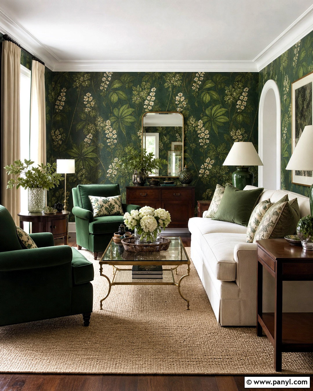 Deep Green Living Room With Botanical Wallpaper - 20 deep green living room ideas