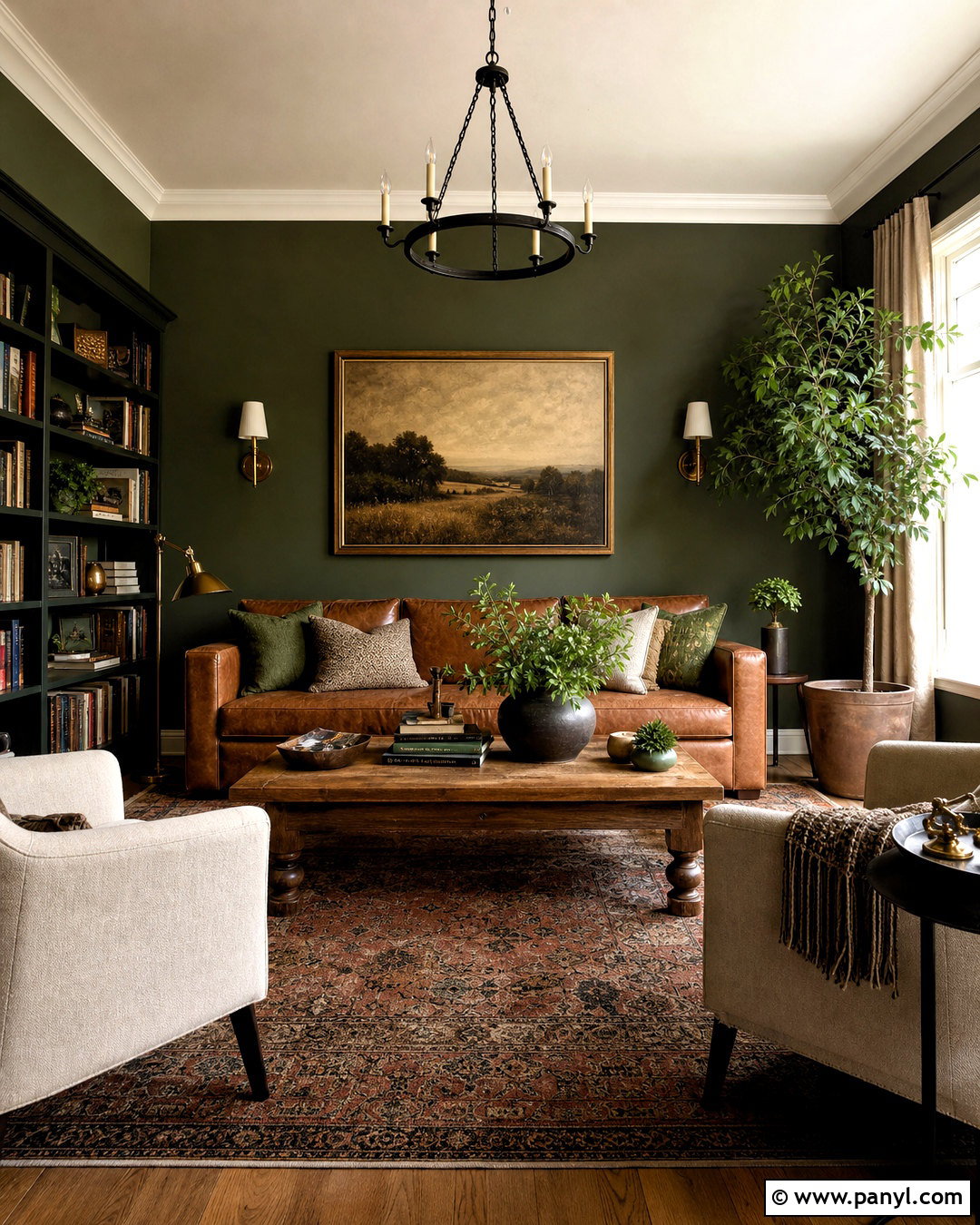 Deep Green Living Room With Brown Leather - 20 deep green living room ideas