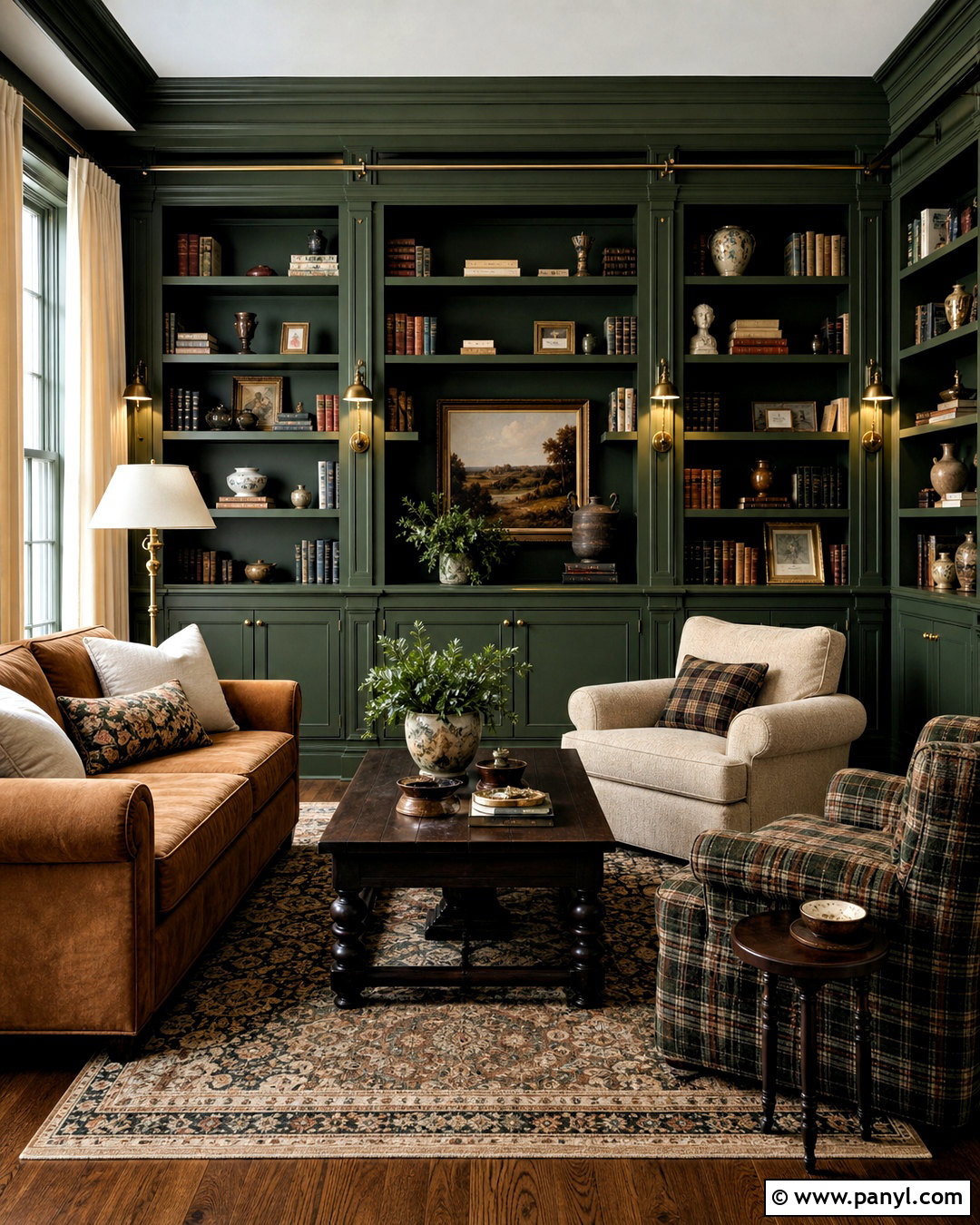 Deep Green Living Room With Built-In Bookshelves - 20 deep green living room ideas