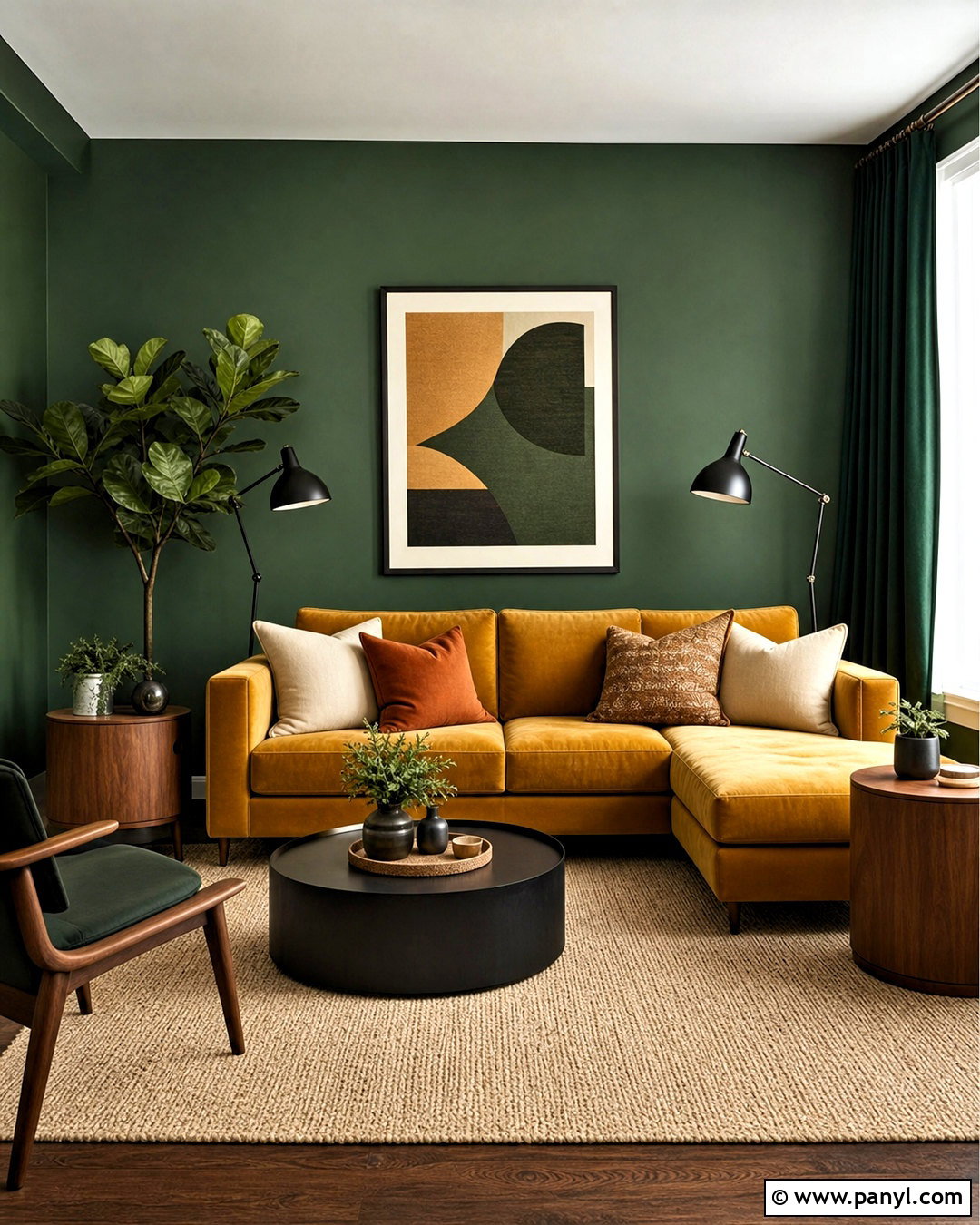 Deep Green Living Room With Mustard Yellow - 20 deep green living room ideas