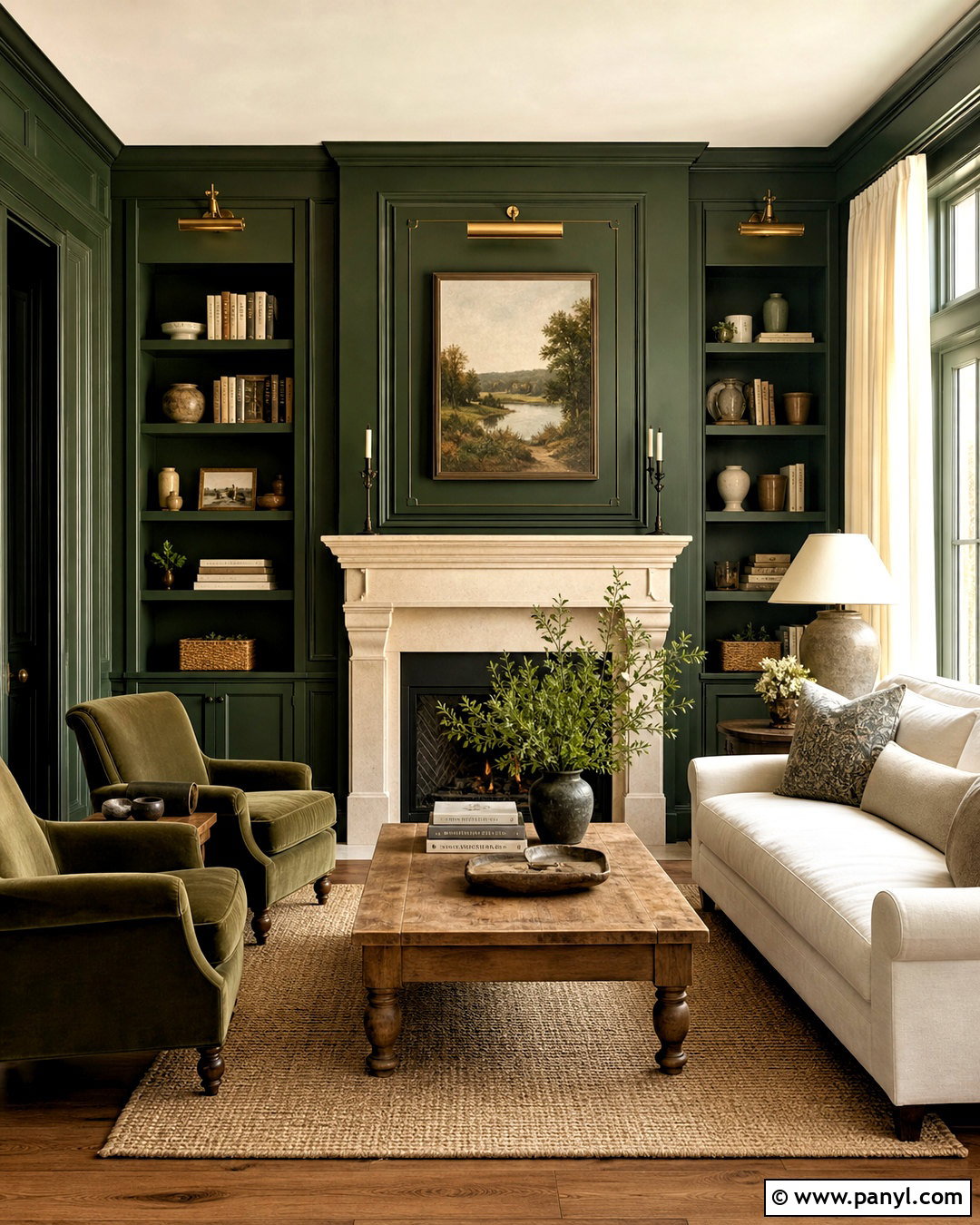Deep Green Living Room With a Fireplace - 20 deep green living room ideas