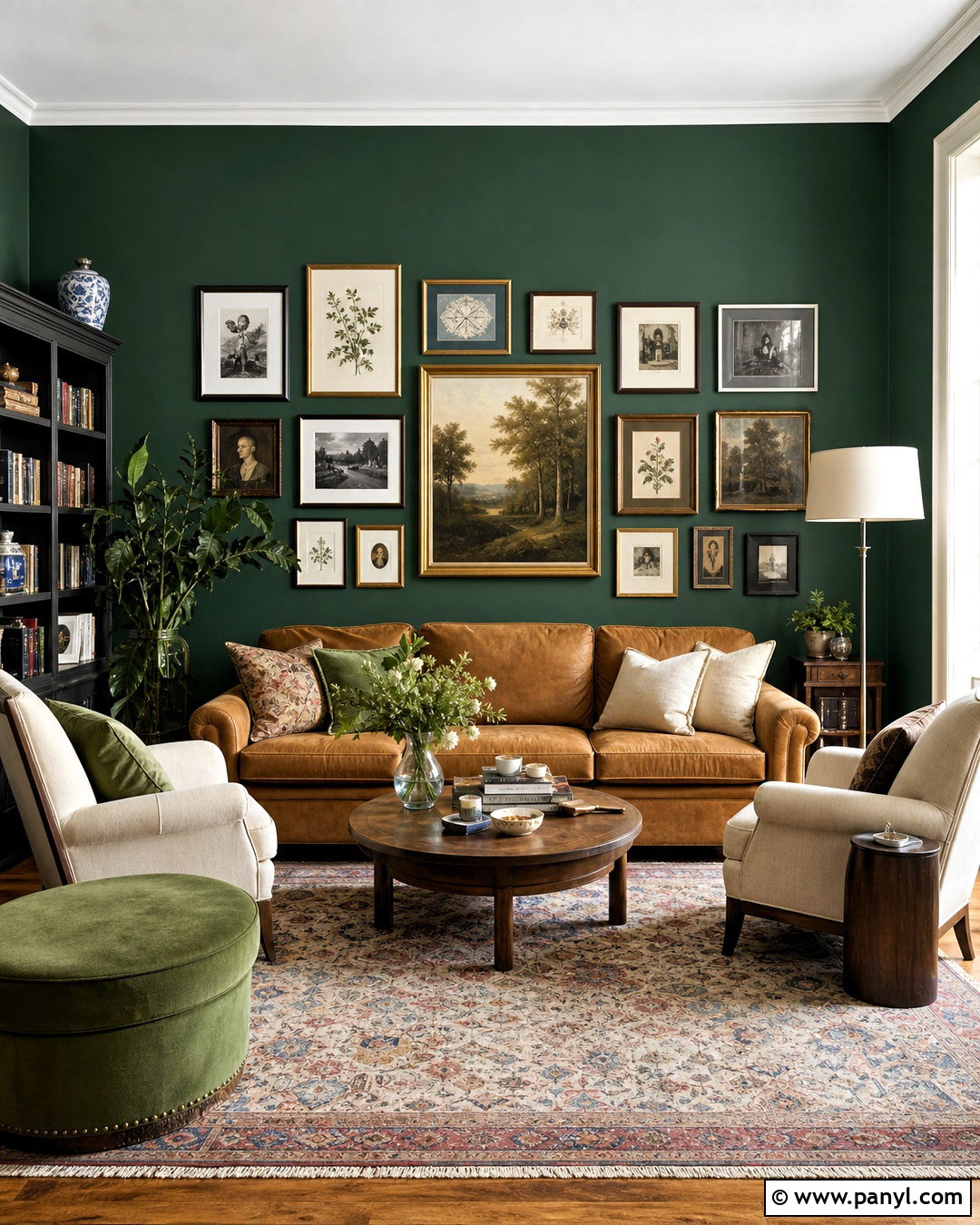 Deep Green Living Room With a Gallery Wall - 20 deep green living room ideas