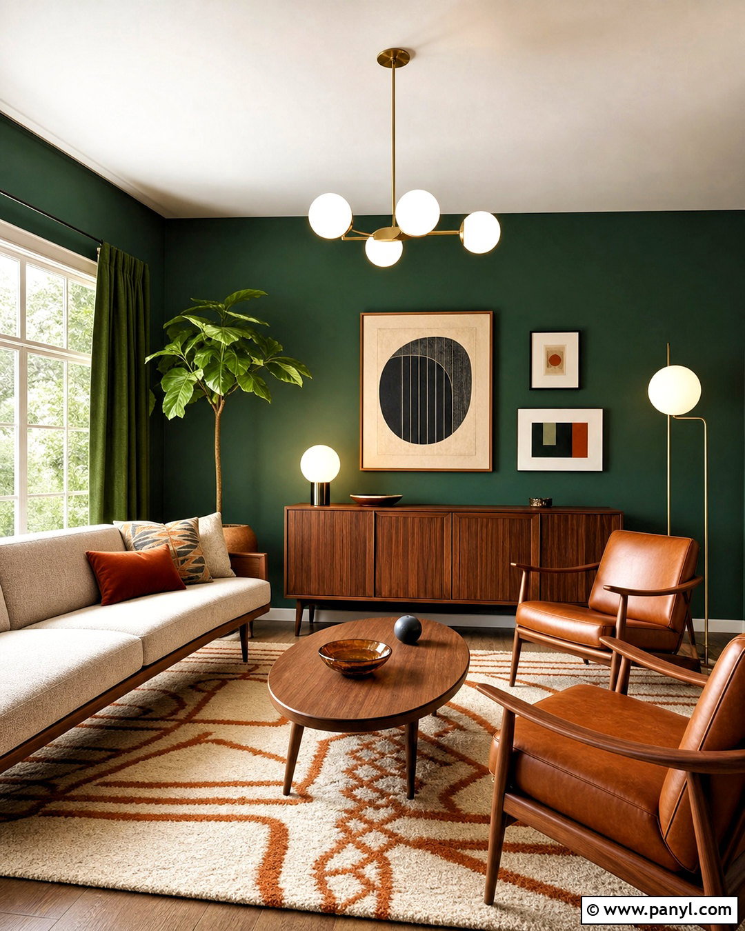 Deep Green Midcentury Living Room - 20 deep green living room ideas