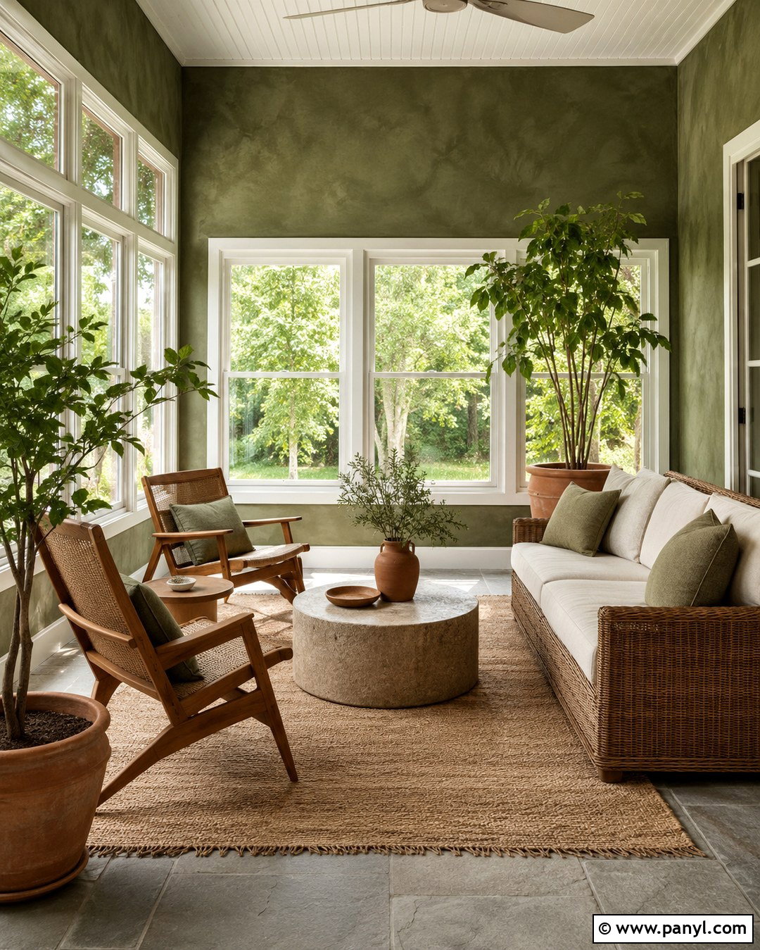 Deep Moss Limewash Sunroom - 20 Limewash Dark Wall Ideas