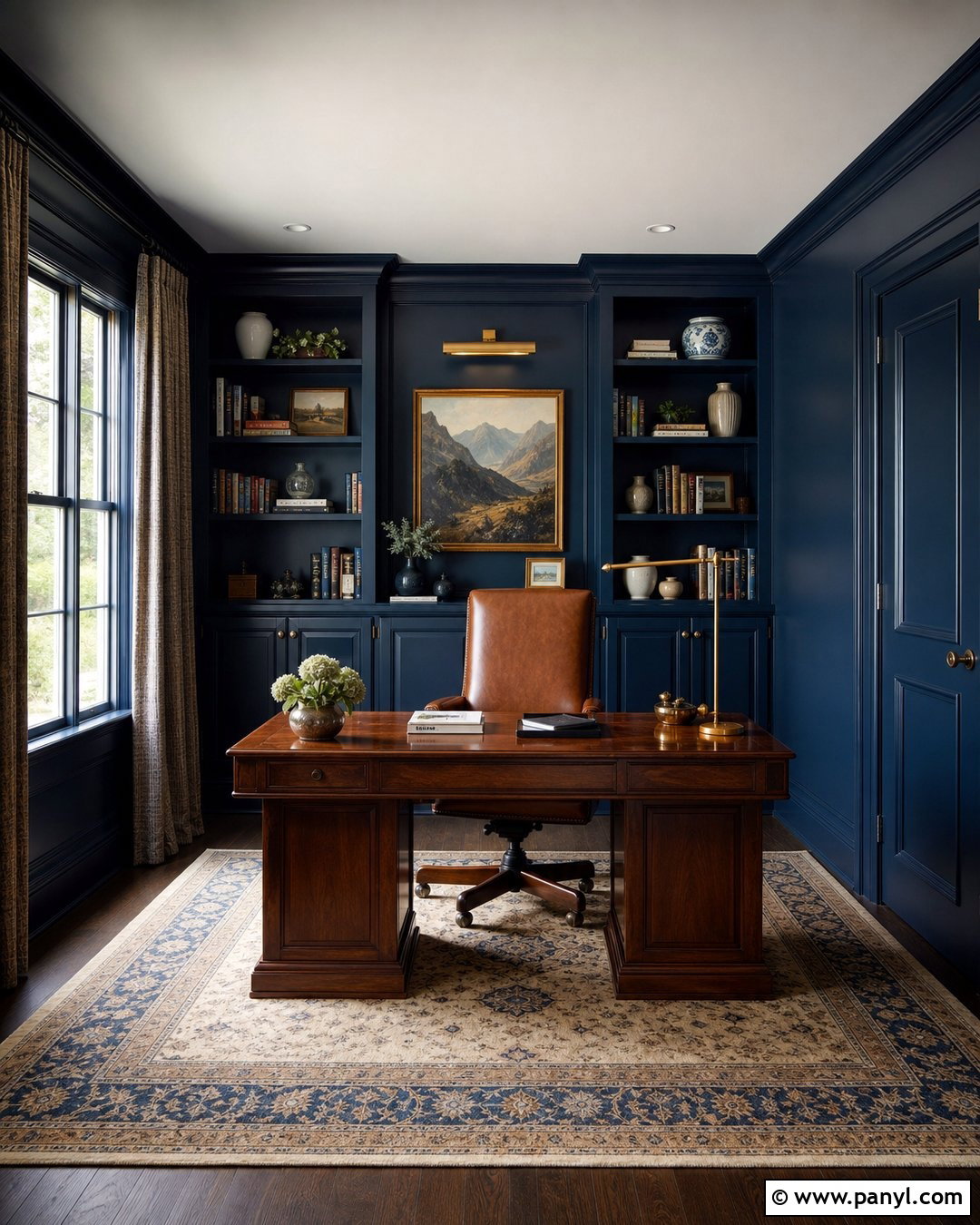 Deep Navy Home Office Walls And Trim - 25 Same Color Trim And Walls