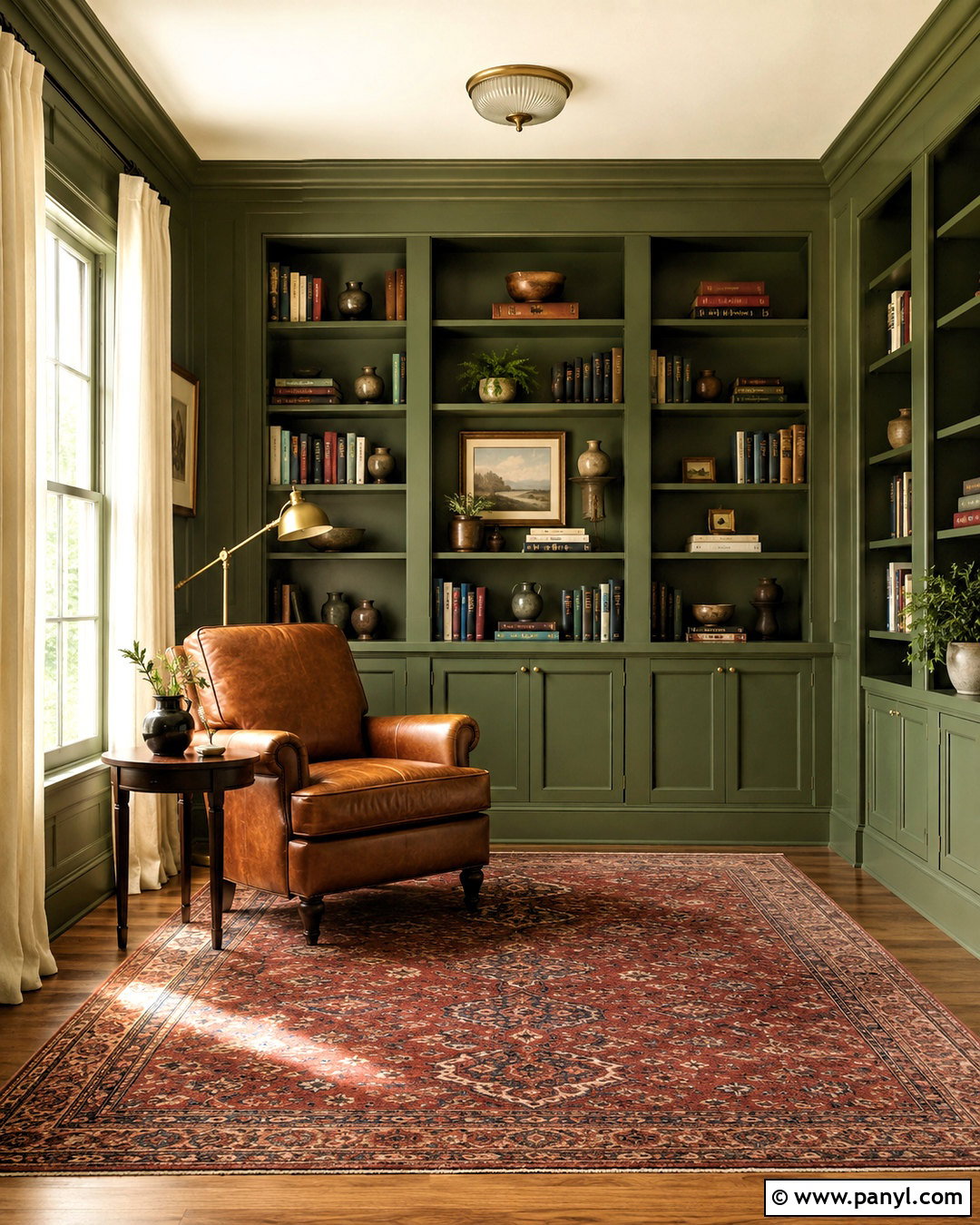 Deep Olive Green Library Walls - 20 Warm Green Wall Color Ideas
