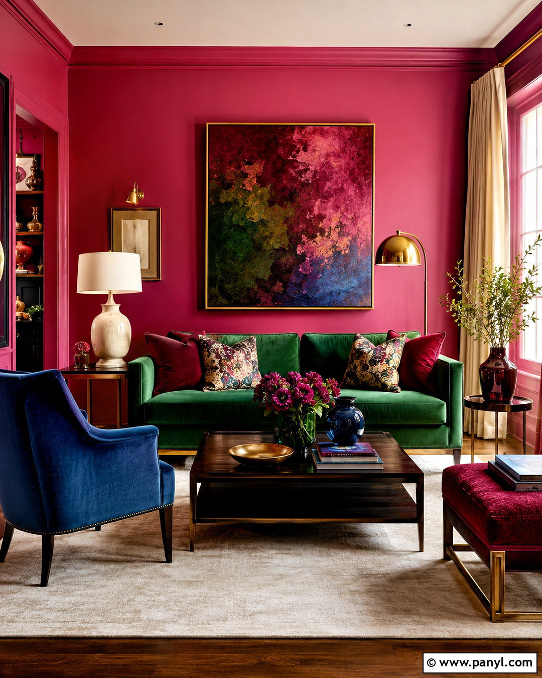 Deep Pink Walls With Jewel Tones - 20 pink wall living room ideas