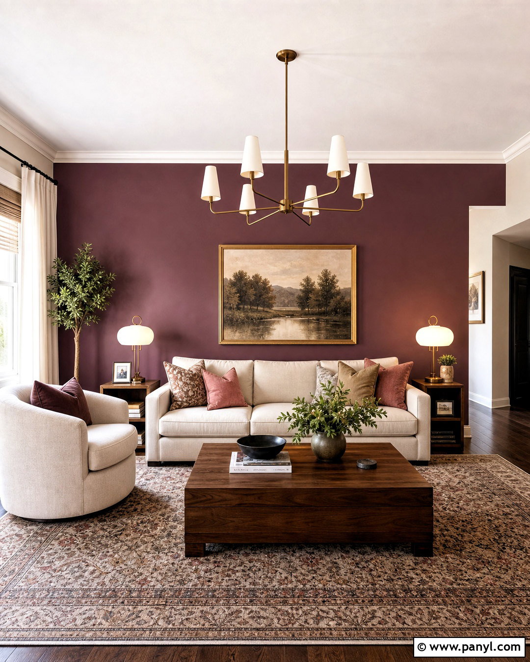 Deep Plum Accent Wall With Neutral Furniture - 20 accent walls in living room ideas paint ideas