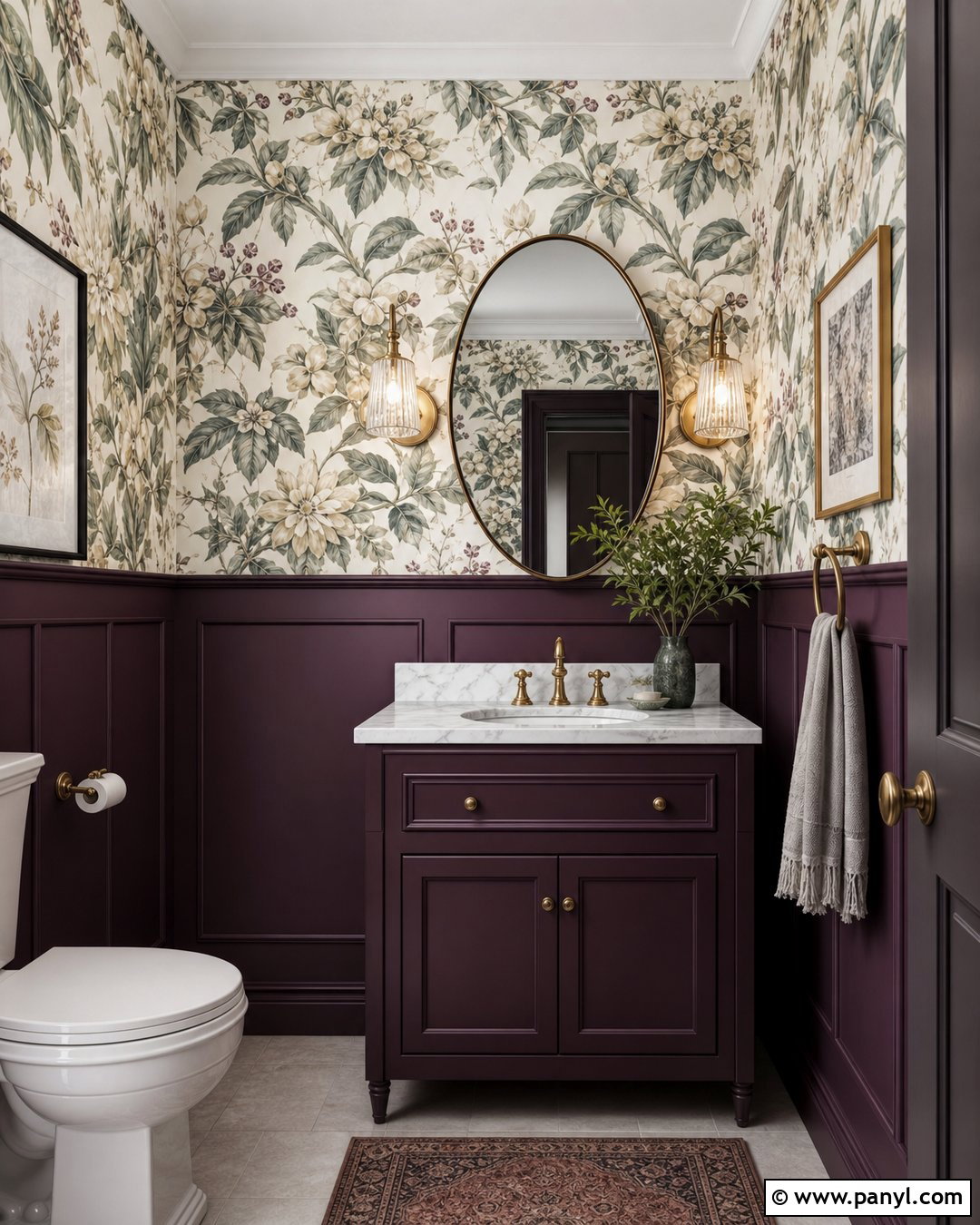 Deep Plum Half Wall With Floral Wallpaper - 25 Half Wall Color Ideas