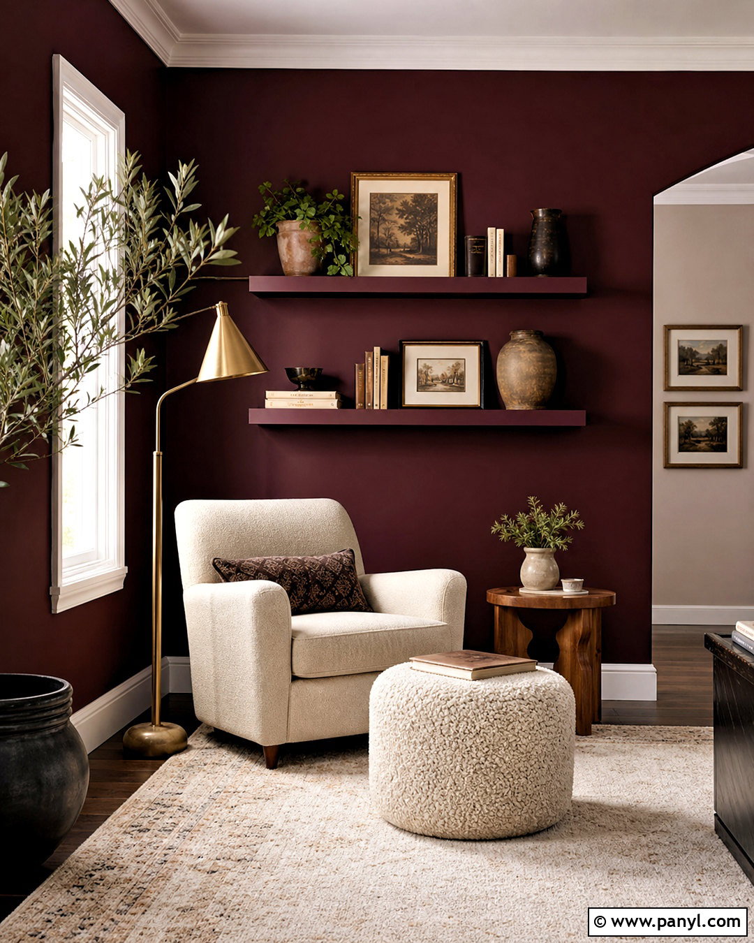 Deep Plum Reading Nook Wall - 20 dark feature wall living room ideas