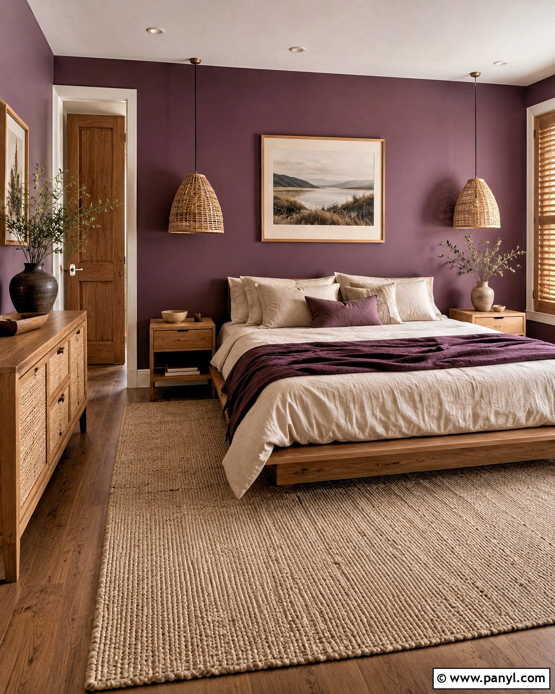 Deep Purple and Natural Wood Bedroom - 20 deep purple room color ideas