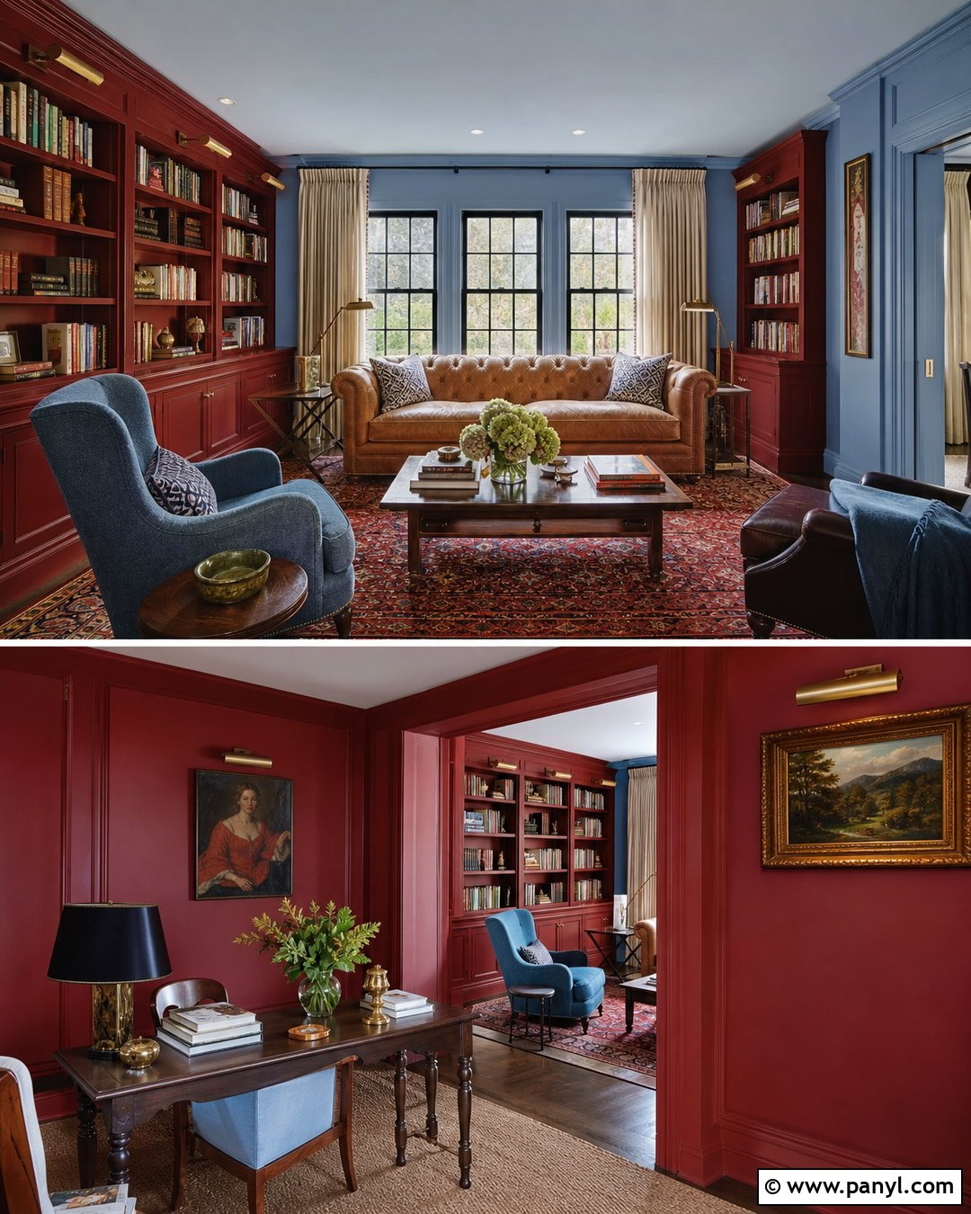 Deep Red And Pale Blue Library Walls - 20 Room With Different Colored Walls