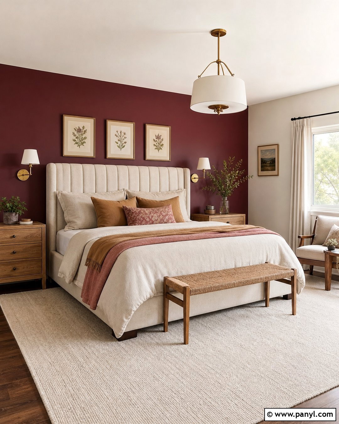 Deep Red Bedroom Wall With Beige Upholstered Bed - 25 Deep Red Accent Wall Ideas