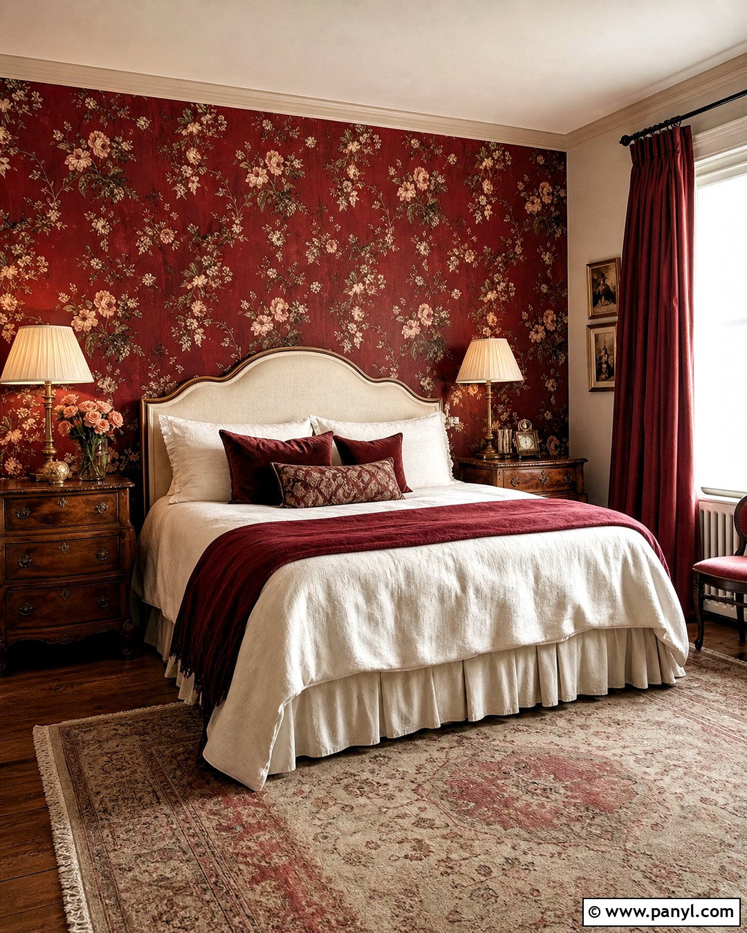 Deep Red Bedroom With Floral Wallpaper - 20 deep red bedroom ideas