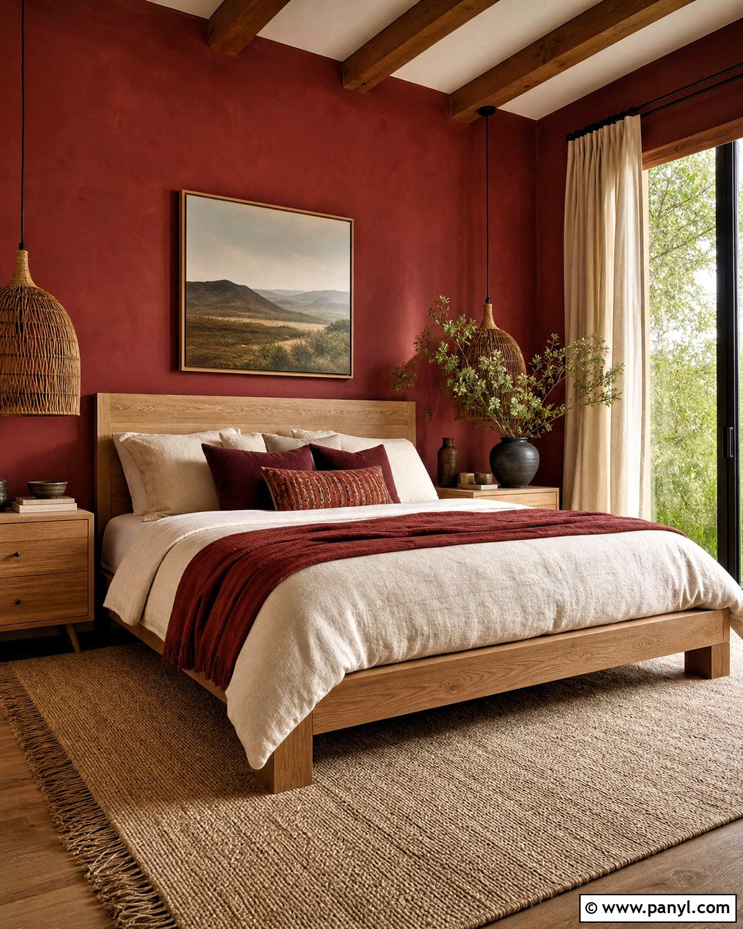 Deep Red Bedroom With Natural Wood - 20 deep red bedroom ideas