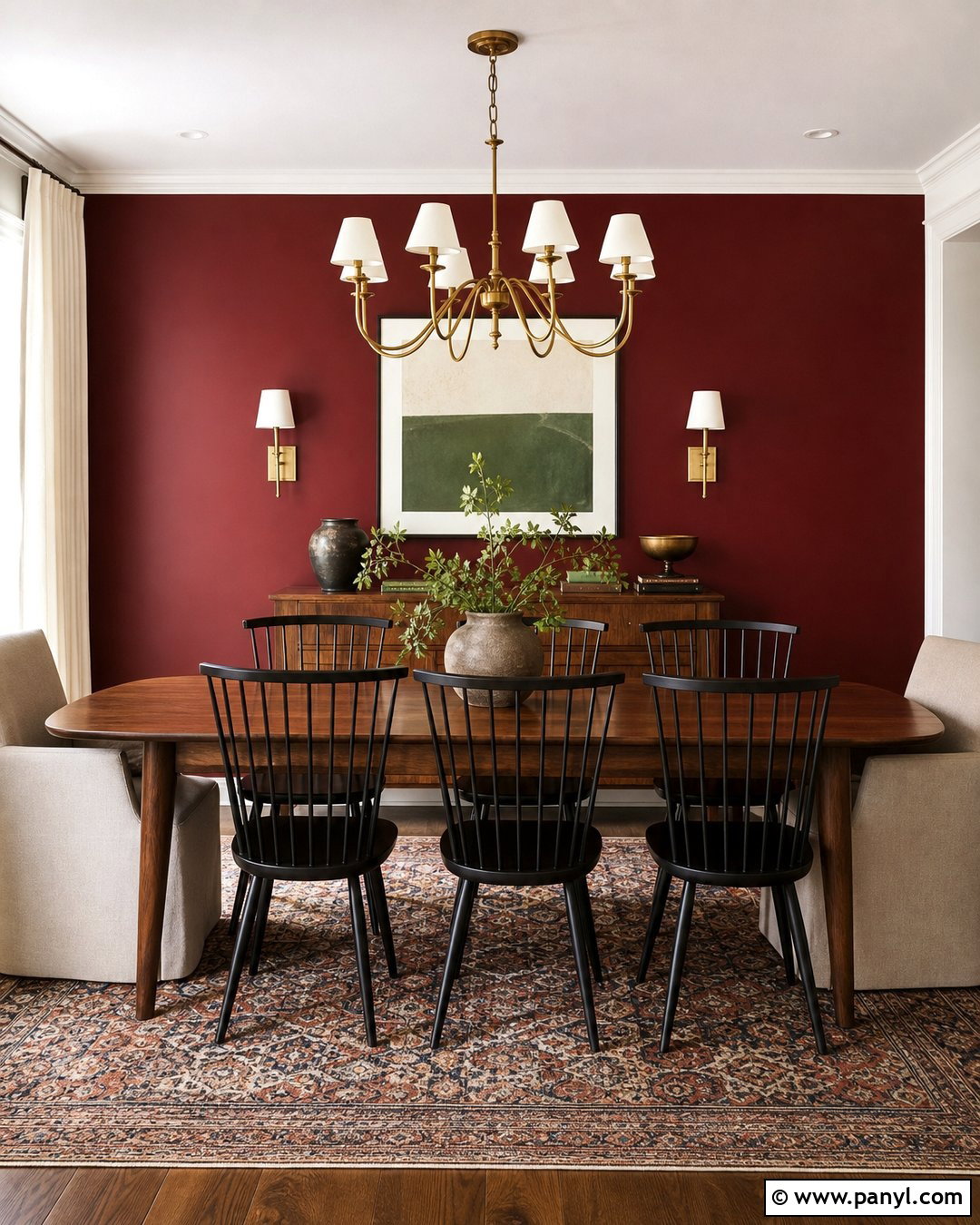Deep Red Dining Room Wall With Walnut Table - 25 Deep Red Accent Wall Ideas