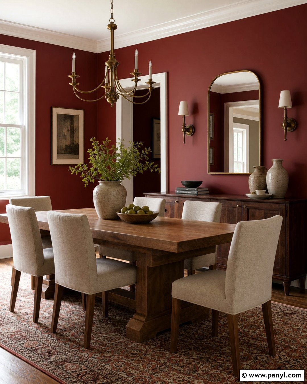 Deep Red Dining Room With Brass Lighting - 25 Deep Red Walls