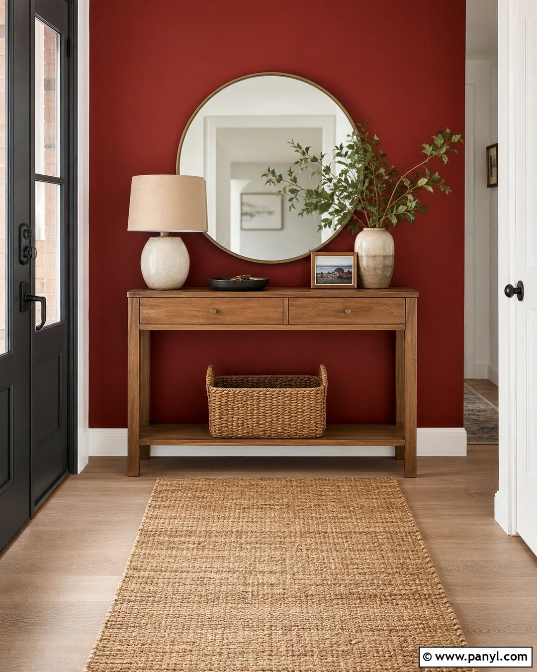 Deep Red Entryway Wall With Wood Console - 25 Deep Red Accent Wall Ideas