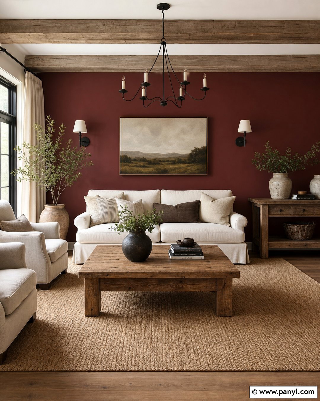 Deep Red Farmhouse Living Room Wall - 25 Deep Red Accent Wall Ideas