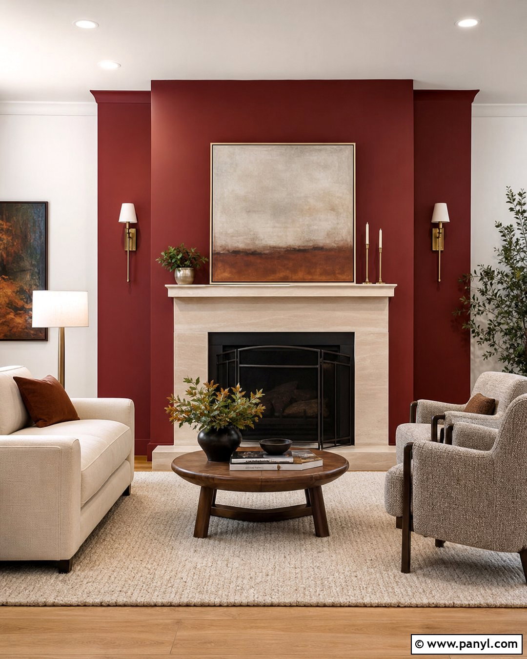 Deep Red Fireplace Wall With Stone Hearth - 25 Deep Red Walls