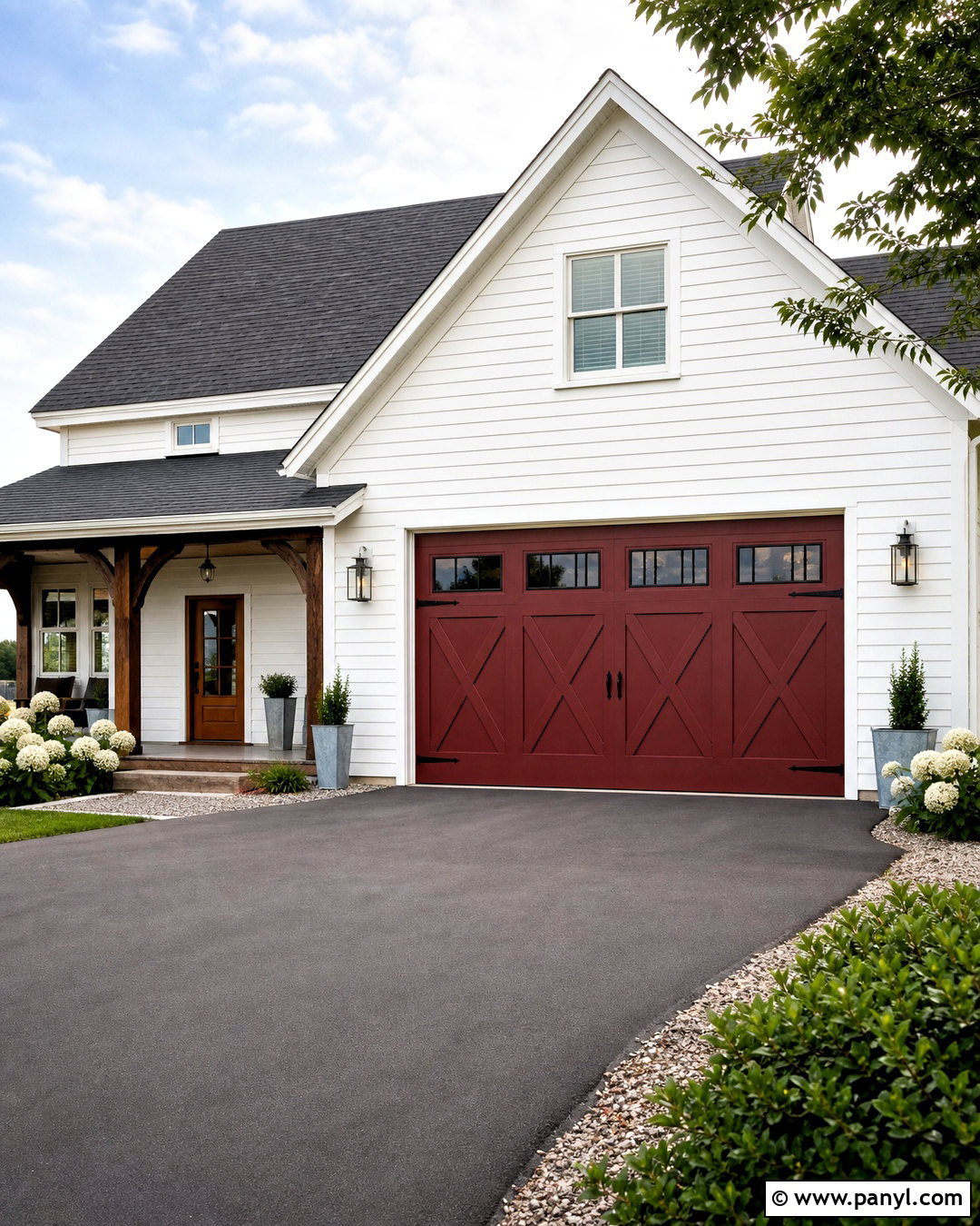 Deep Red Garage Door With Farmhouse Siding - 20 garage door painting ideas