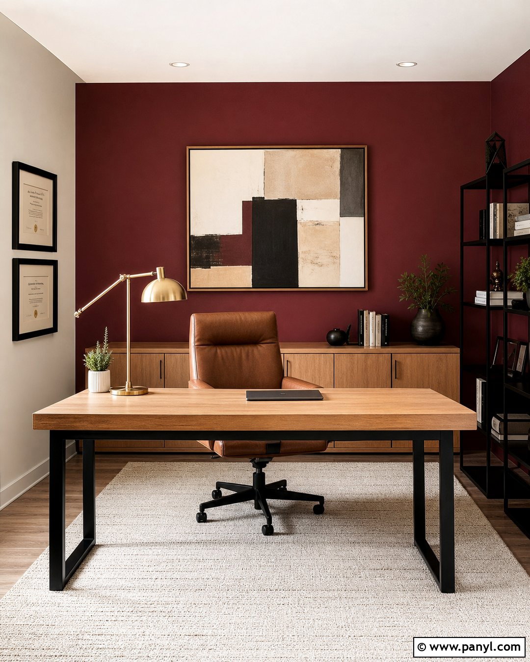 Deep Red Home Office Wall With Oak Desk - 25 Deep Red Accent Wall Ideas
