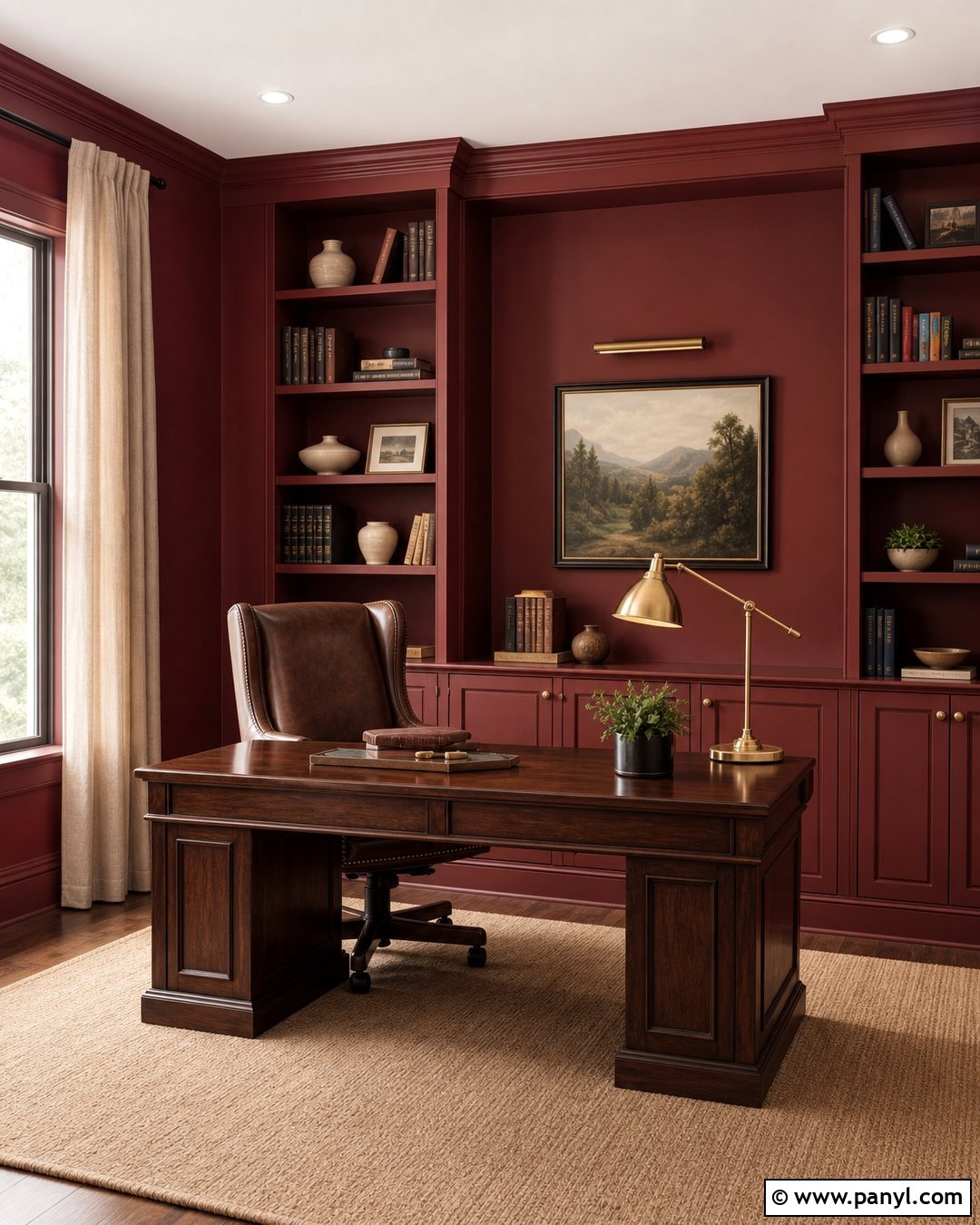 Deep Red Home Office With Built-In Shelves - 25 Deep Red Walls