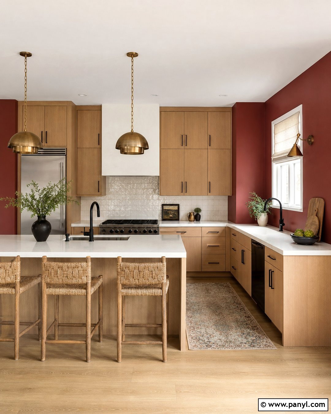 Deep Red Kitchen Walls With Oak Cabinets - 25 Deep Red Walls