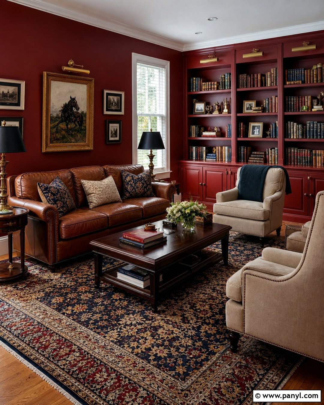 Deep Red Library Walls With Leather Seating - 25 Deep Red Walls