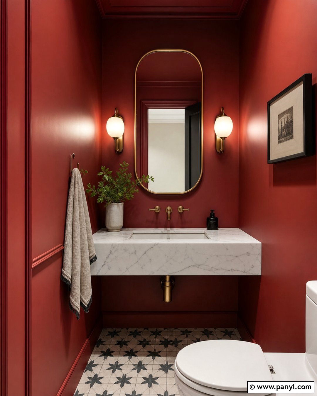 Deep Red Powder Room With Marble - 25 Deep Red Walls