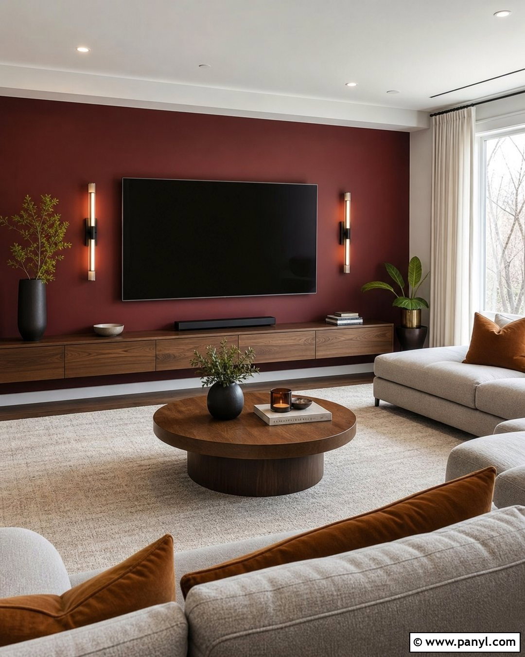 Deep Red TV Wall With Floating Cabinet - 25 Deep Red Accent Wall Ideas