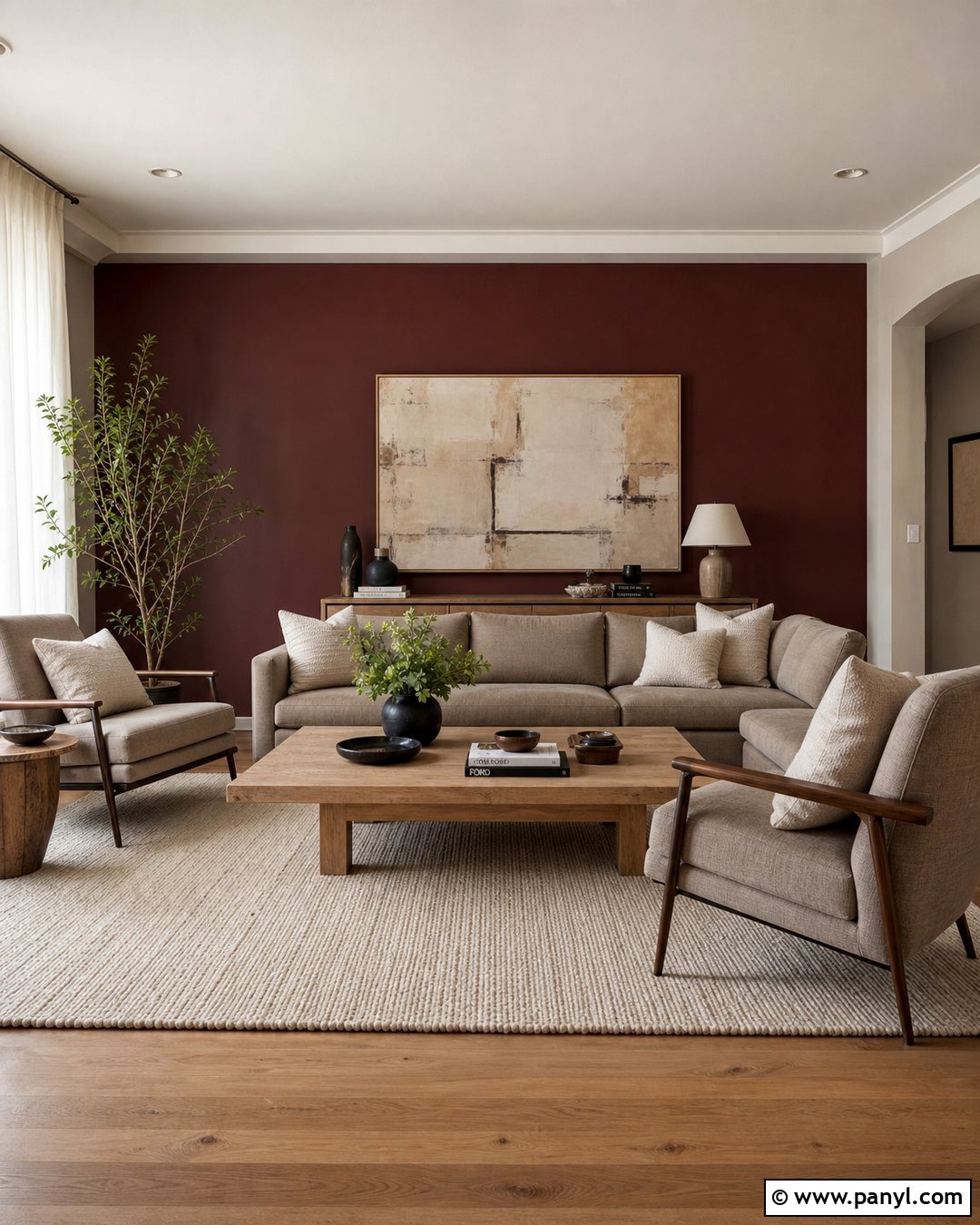 Deep Red Wall With Greige Furniture - 25 Deep Red Accent Wall Ideas