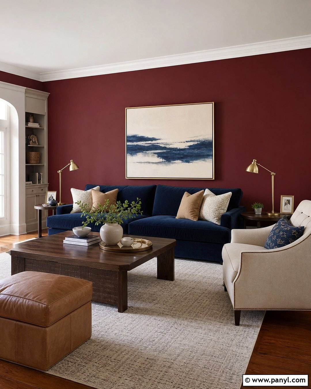 Deep Red Wall With Navy Blue Sofa - 25 Deep Red Accent Wall Ideas